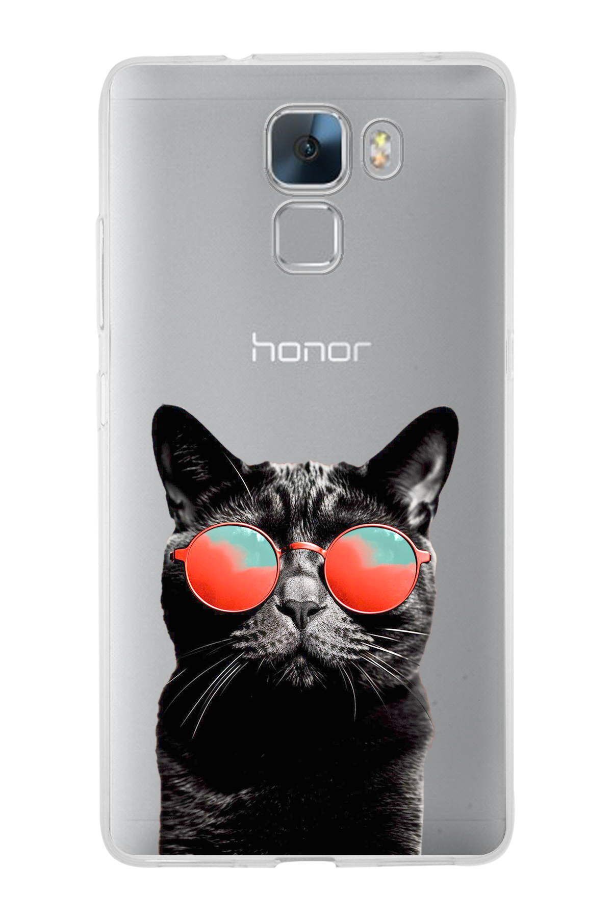 Huawei Honor 7 ile Uyumlu 1mm Slim Fit Kedi 3 050d Baskılı Şeffaf Kılıf