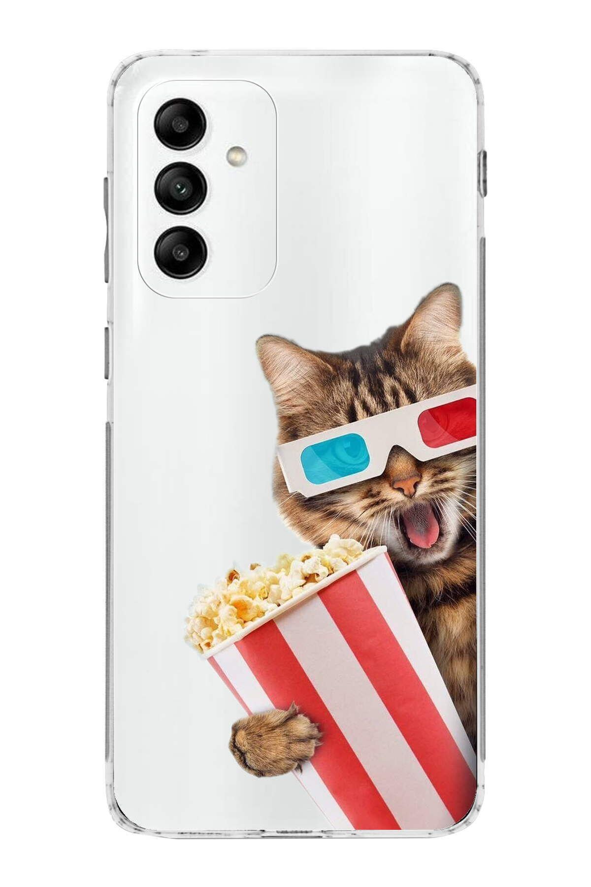 Samsung Galaxy M23 ile Uyumlu 1mm Slim Fit Kedi 1 050b Baskılı Şeffaf Kılıf