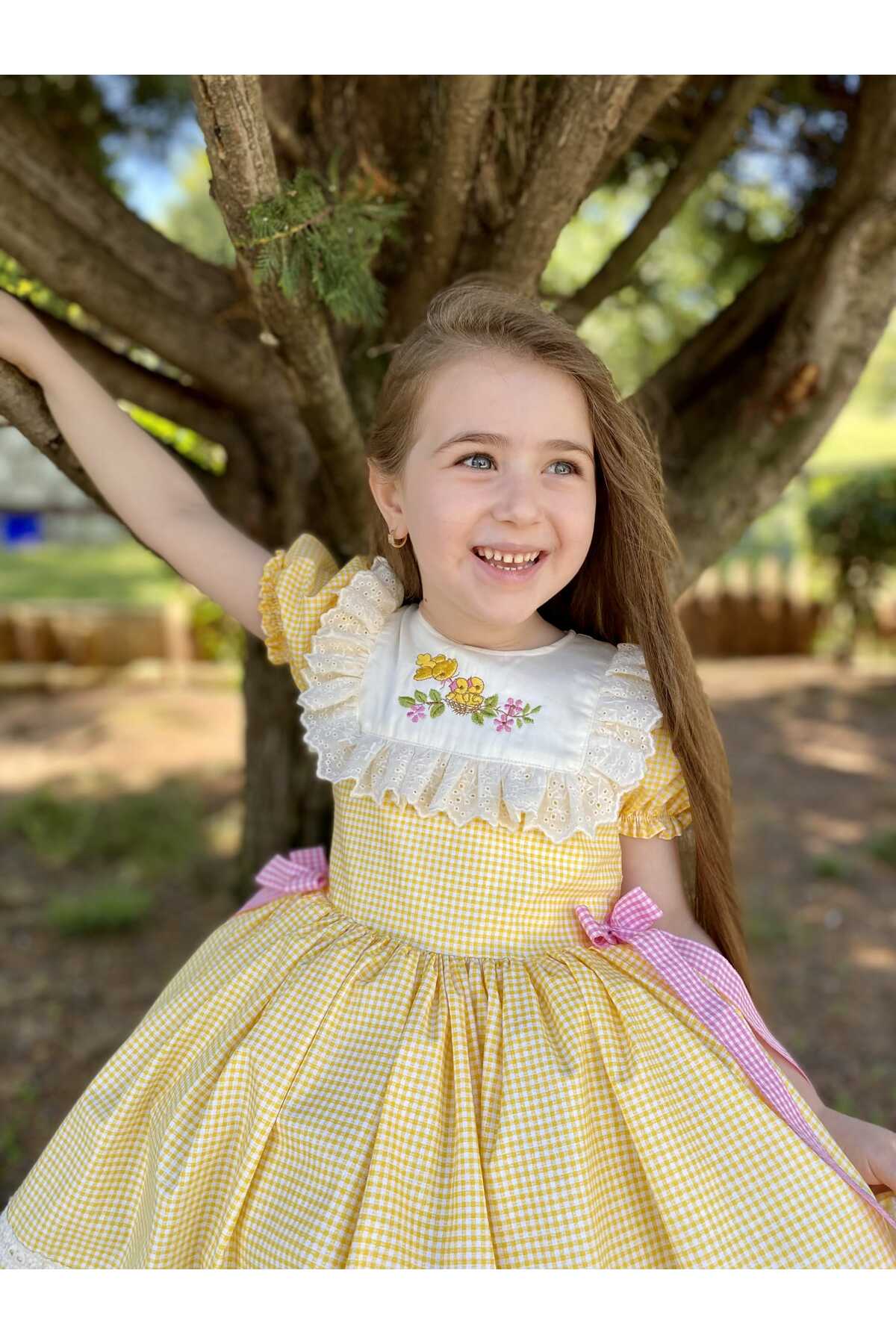 Linarookids Sarı Kareli Vintage Kız Bebek Elbisesi,Doğum günü,fotoğraf çekim elbise,0-12 Yaş Uygun fotoğrafı 2 (önizleme)