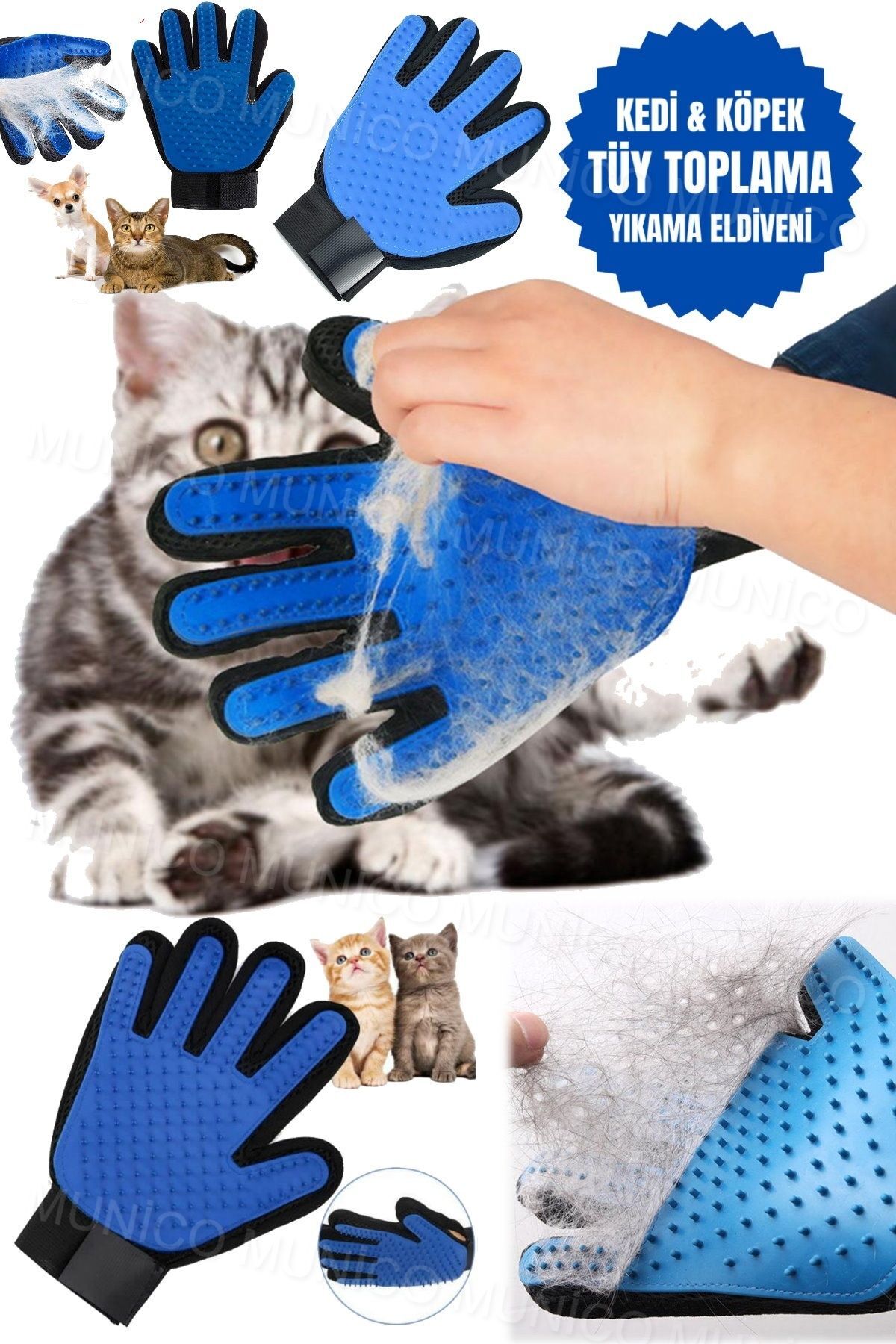 Munico Köpek ve Kedi İçin Masaj Eldiveni - Silikon Uçlu, Etkili Tarama ve Tüy Bakımı Silikon Tüy Toplama