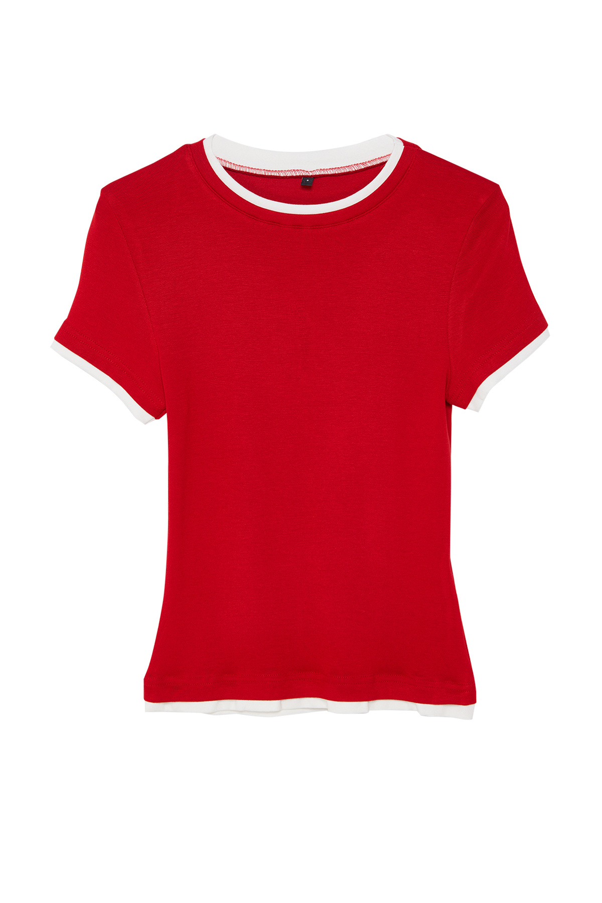 Trendyolmilla  Kırmızı Viskoz/Yumuşak Kumaşlı Renk Bloklu Vücuda Oturan Esnek Örme T-Shirt TWOSS24TS00063 - Görsel 6