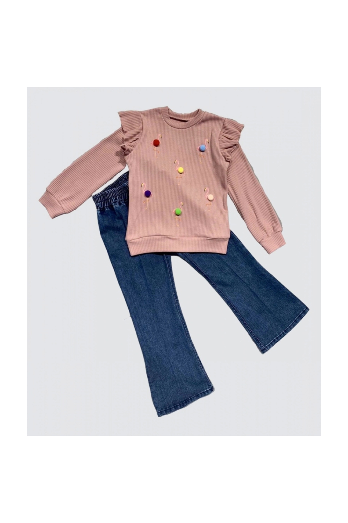 Flamingo Patterned Combed Cotton Sweat Long Sleeve 2-Piece Girls Set with Jeans