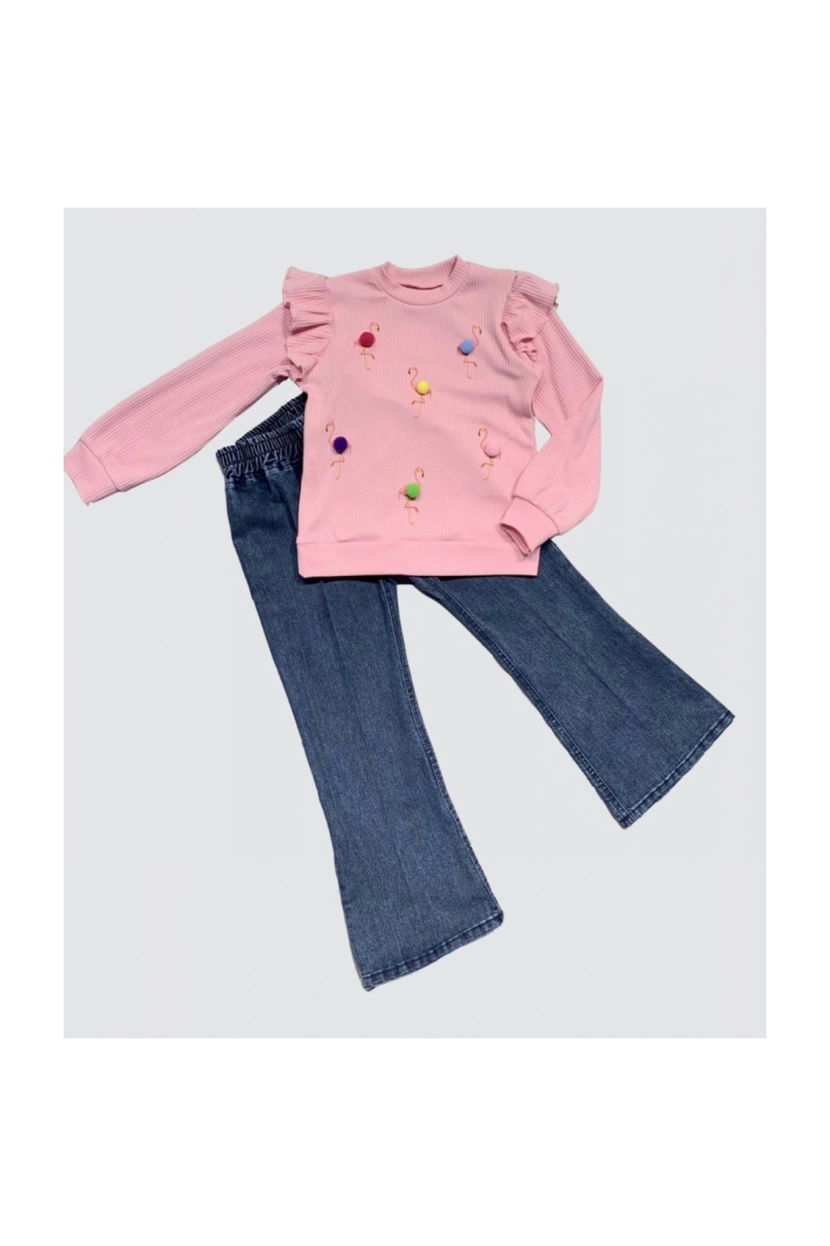 Flamingo Patterned Combed Cotton Sweat Long Sleeve 2-Piece Girls Set with Jeans