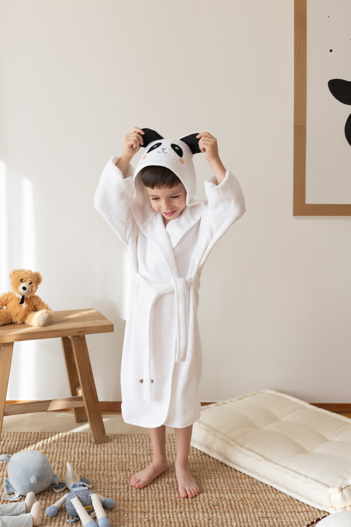ÇARŞAF DÜNYASI Kapüşonlu Çocuk Bornoz %100 Pamuk Kız-erkek Bebek Çocuk Bornozu Hayvan Panda Beyaz Ekru fotoğrafı 3 (önizleme)