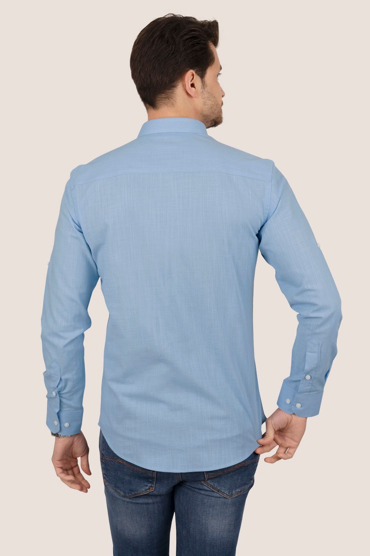 Etikmen-Leinen Slimfit Herrenhemd - Blauer Kragen, geknöpft, Geschenkbox 8