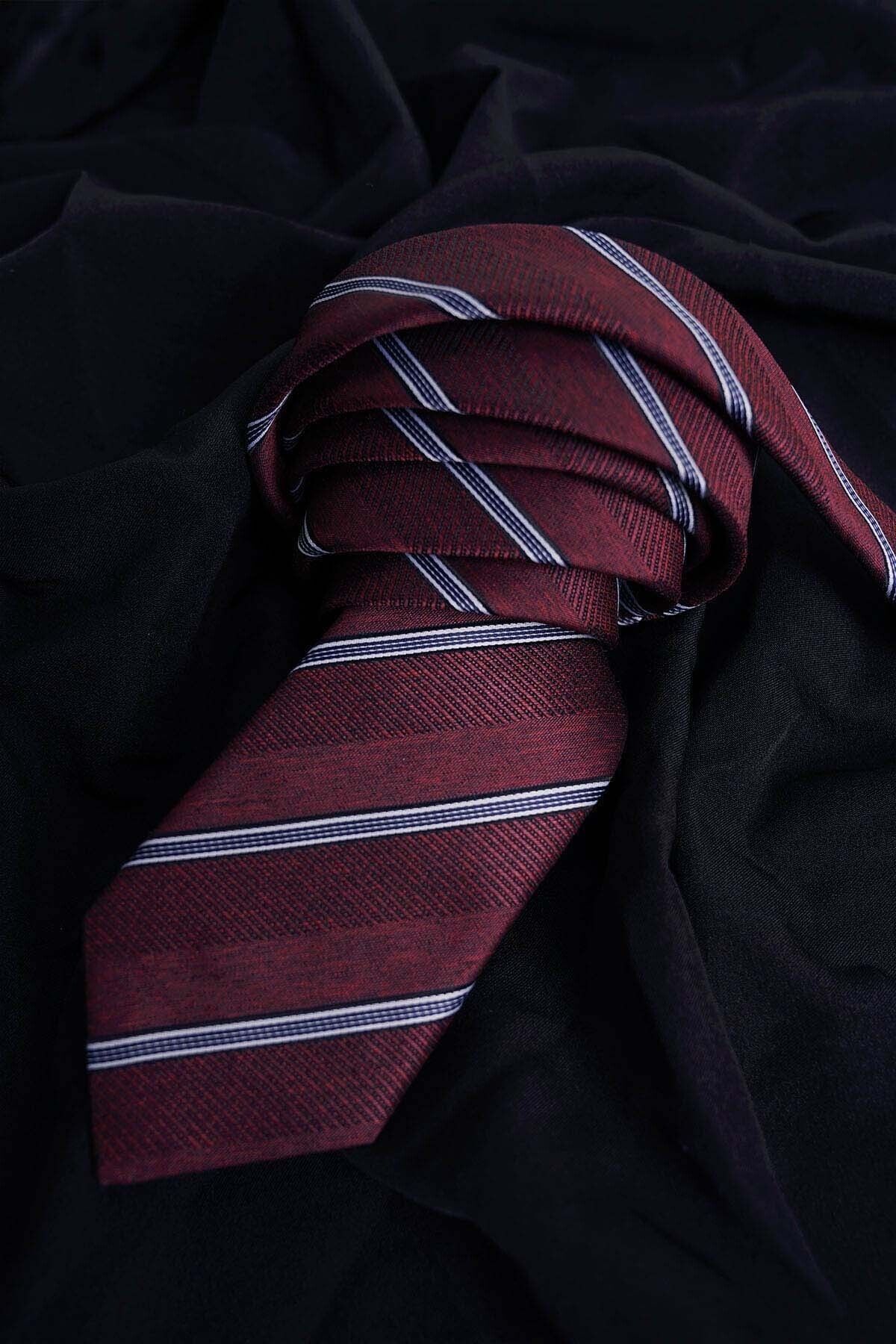 Etikmen-Shirt and Tie Set (burgundy Striped Tie & Blue Checkered Dobby Patterned Slimfit Shirt) 4