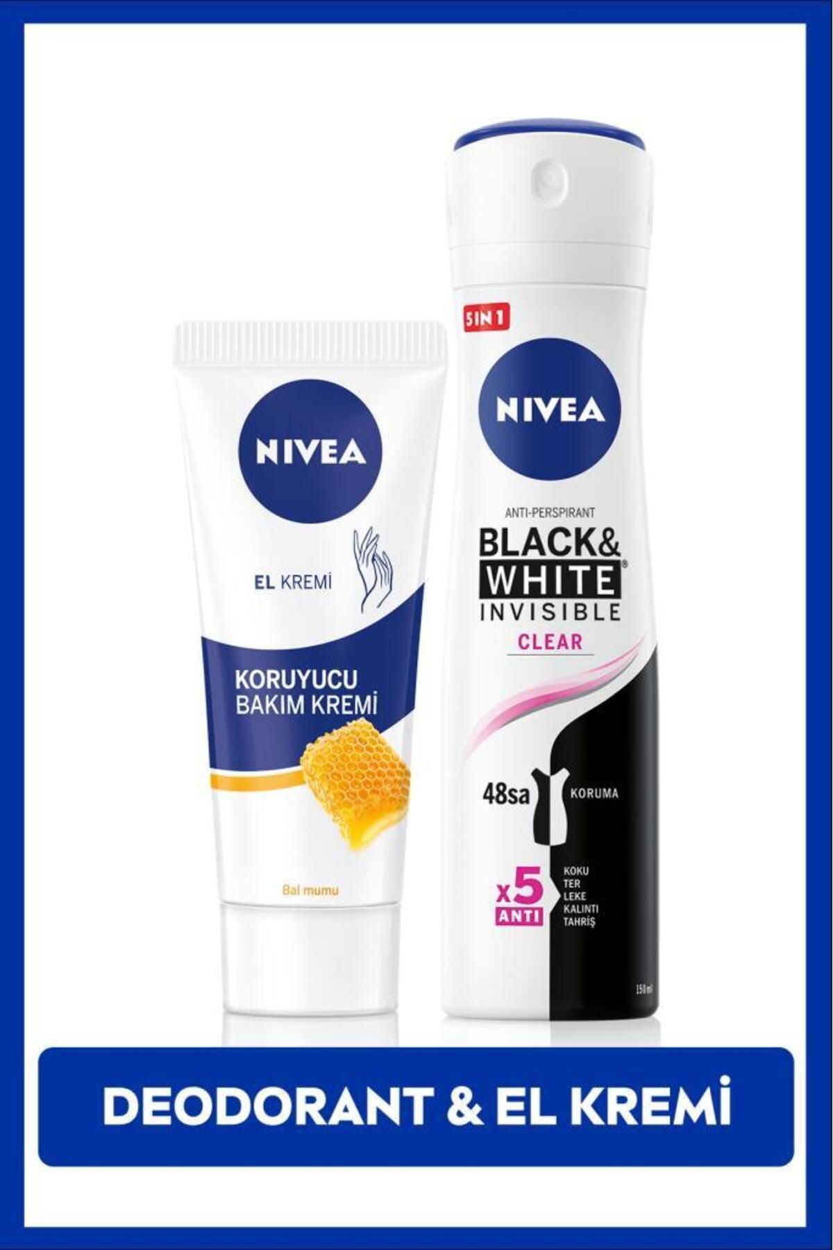 NIVEA Женский дезодорант-спрей Black&White 150 мл и увлажняющий защитный крем для ухода за руками 75 мл SET.NVE.959