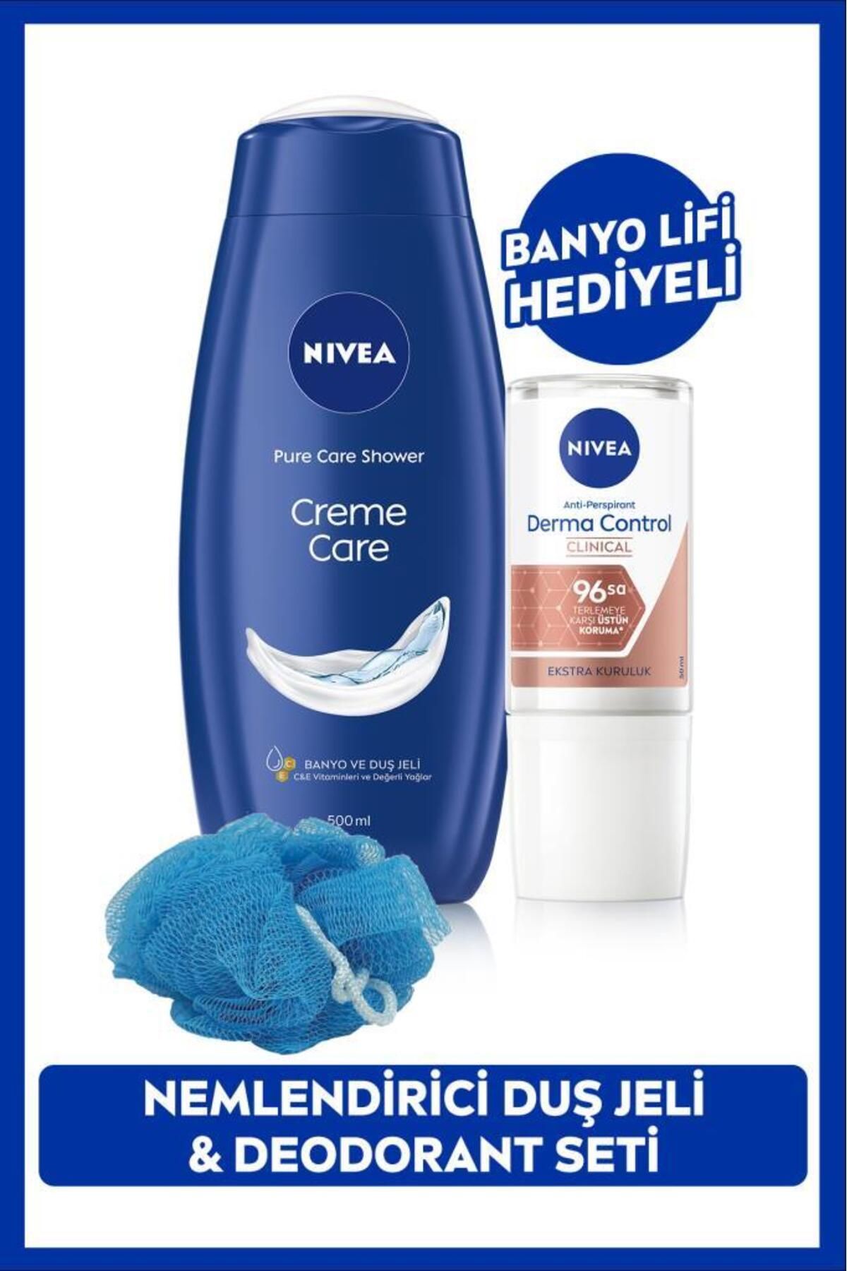 Женский шариковый дезодорант NIVEA Derma Control Clinical 50 мл и гель для душа Creme Care 500 мл, подарочный набор с люфой для ванны.NVE.1033