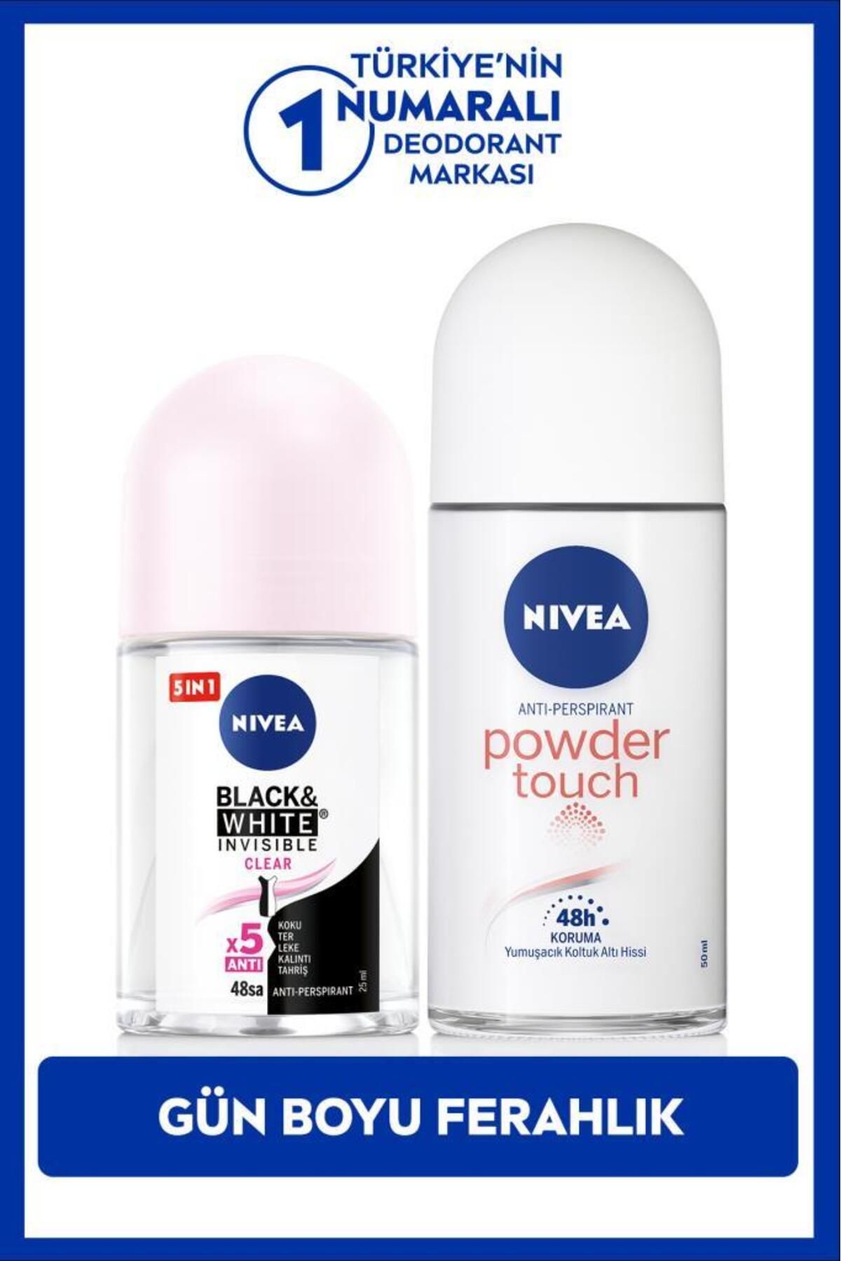 Женский шариковый дезодорант NIVEA Powder Touch, 50 мл, и шариковый мини-дезодорант Black&White Clear, 25 мл, для ухода за подмышками, НАБОР.NVE.1019