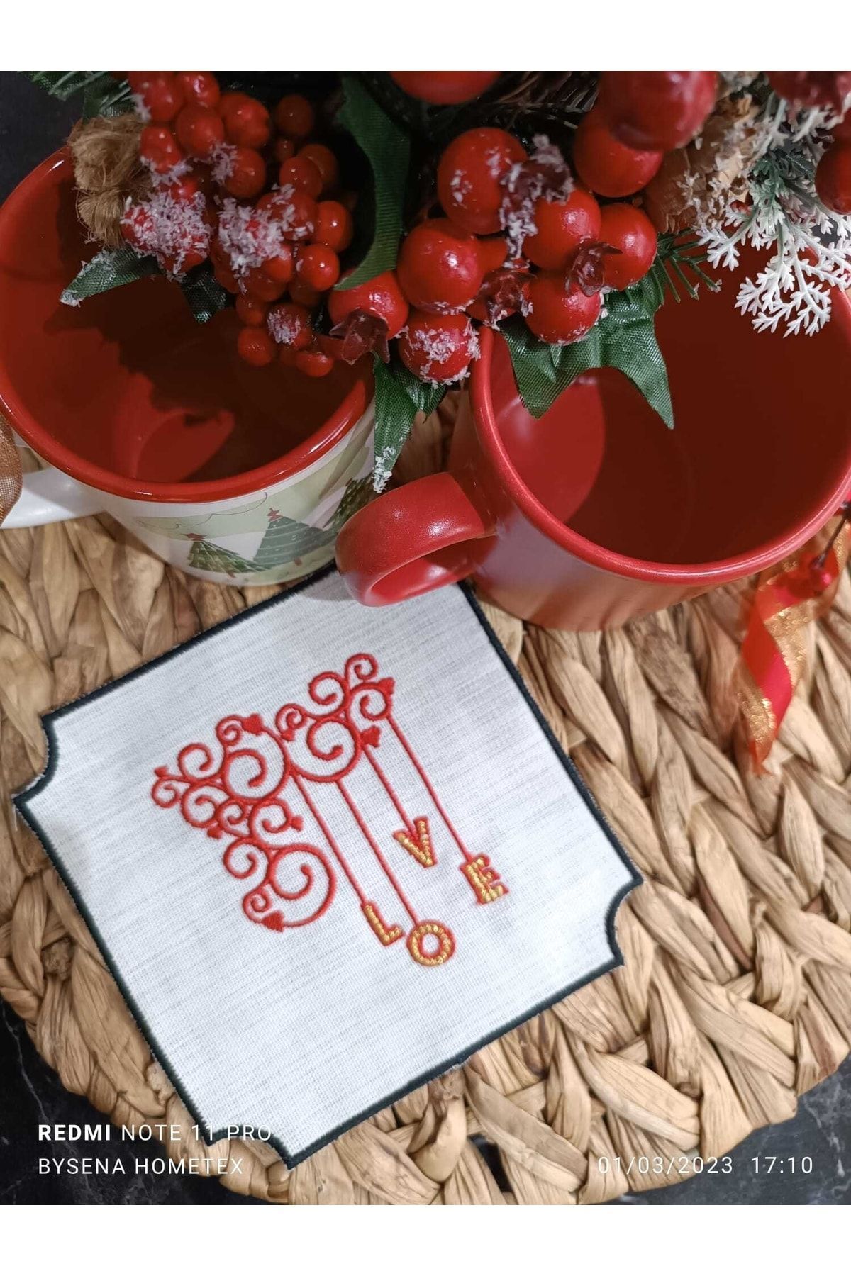 Love Kokteyl Ve Kahve Yanı Sunum Peçetesi 2 Adet Ekru Kumaşa Siyah Nakışlı