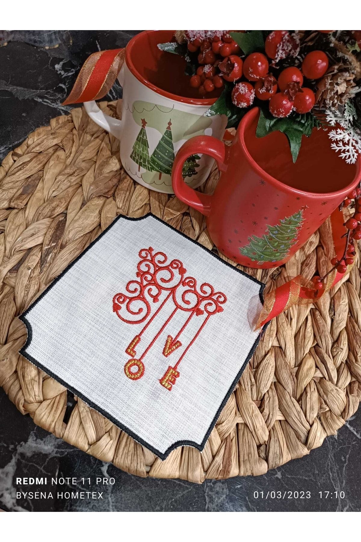 Love Kokteyl Ve Kahve Yanı Sunum Peçetesi 2 Adet Ekru Kumaşa Siyah Nakışlı