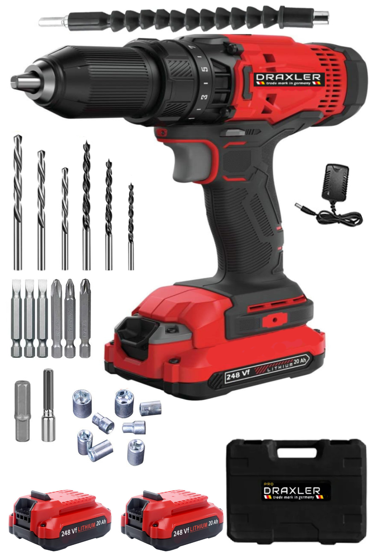 Pro Draxler Alman Technology 248 Vf 20 Ah Çelik Şanzuman Bakır Sargılı Çift Akülü Şarjlı Matkap Vidalama 24 Pçş