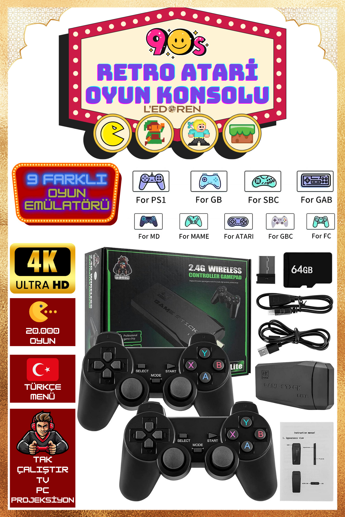 L'eDoren Türkçe Menülü 2.4g Kablosuz Çift Kol Retro Oyunlar 4k Game Stick 64gb Hafıza 20000 Oyun Atari