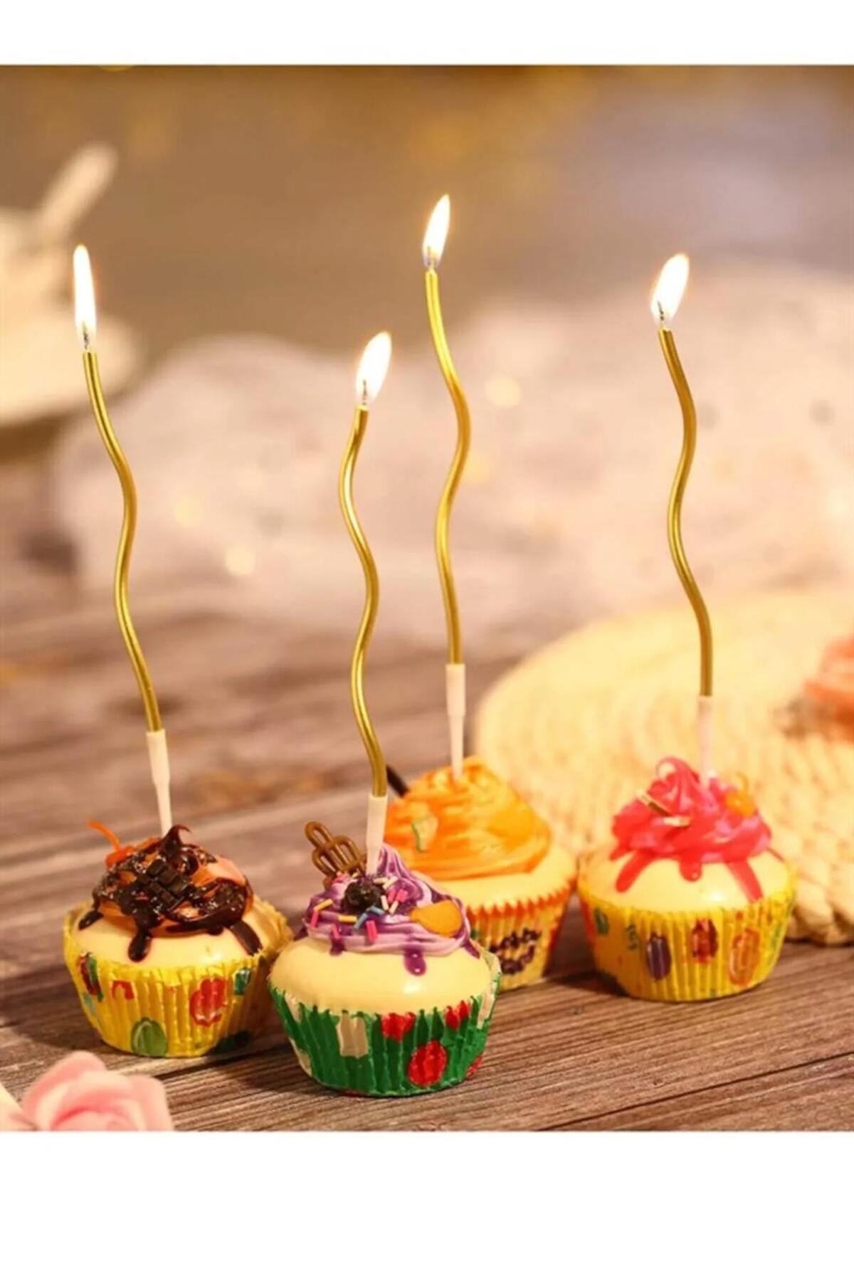 SURPRISE PARTY STORE Gold Altın Sarı Renk Parlak 6 lı Spiral Kıvrımlı Pasta Mumu Doğumgünü Pastası Mumu Mum