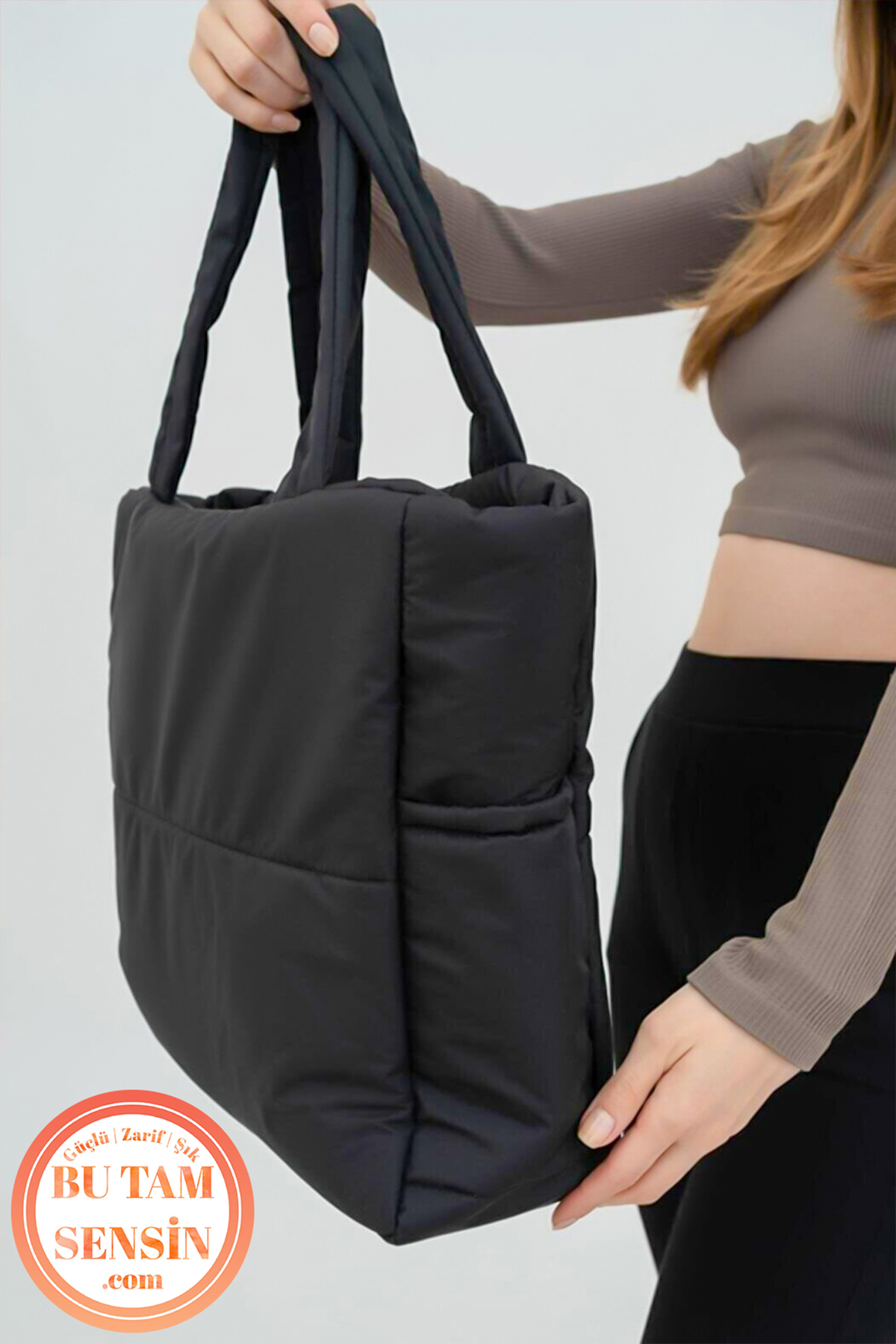 Bu Tam Sensin  Siyah Kadın Puf Kumaşlı Yanları Cepli Fermuarlı Çift Tutma Saplı Tote Bag Taşıma Çantası - Görsel 4