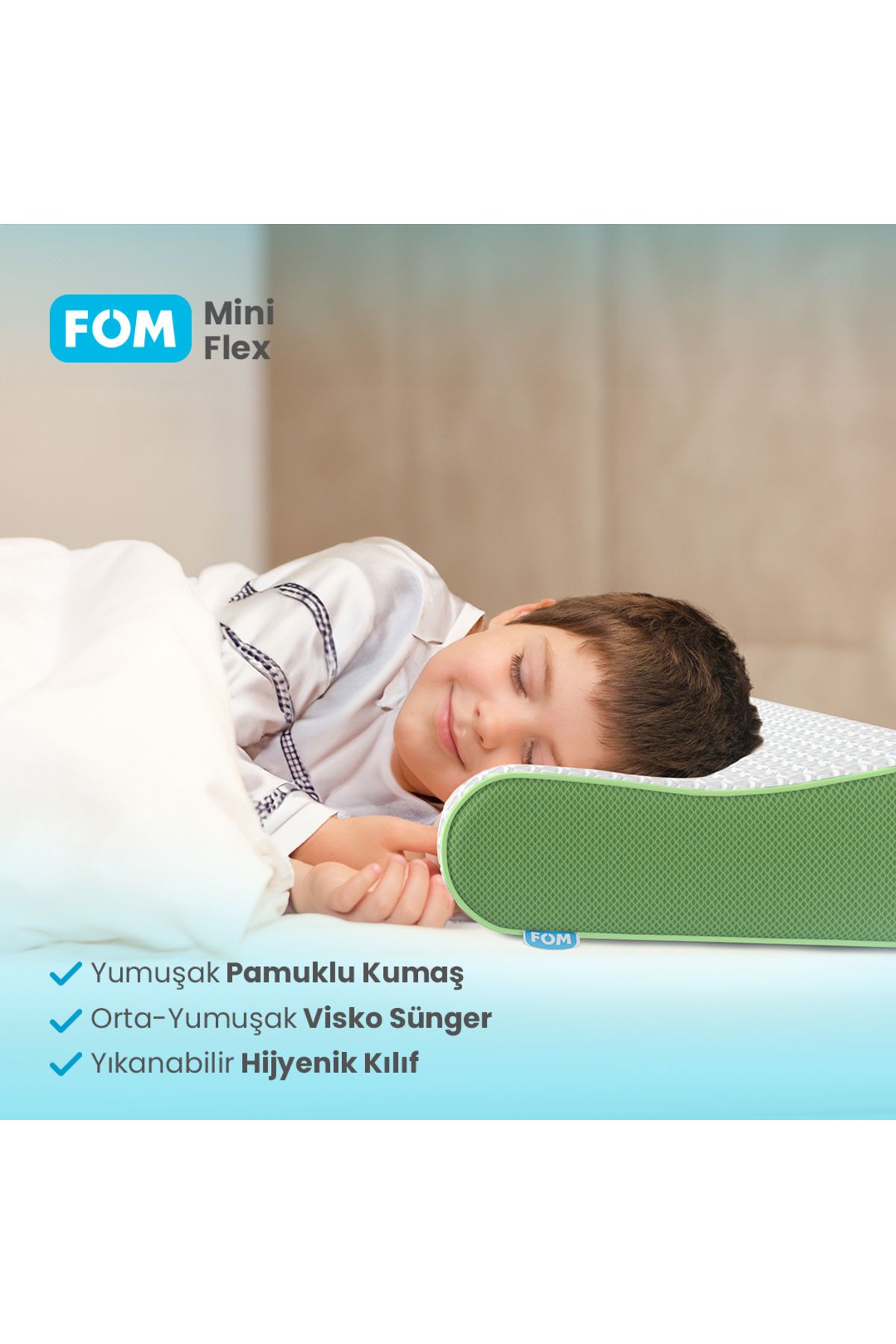 FOM-Orthopedic Mini Flex Visco Children's and Travel Sleeping Pillow - Green, 50x30x11/9 2