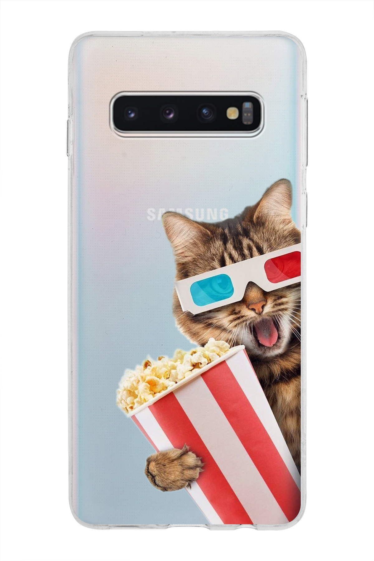 Samsung Galaxy S10 ile Uyumlu 1mm Slim Fit Kedi 1 050b Baskılı Şeffaf Kılıf
