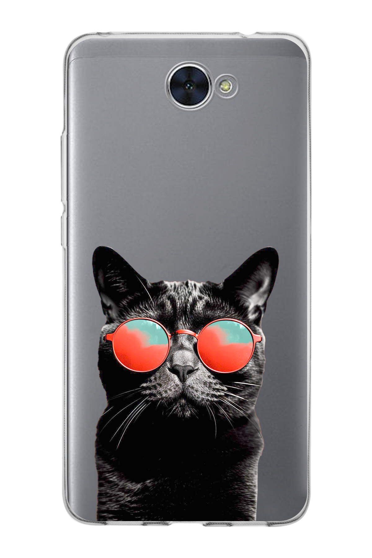 Huawei Y7 ile Uyumlu 1mm Slim Fit Kedi 3 050d Baskılı Şeffaf Kılıf