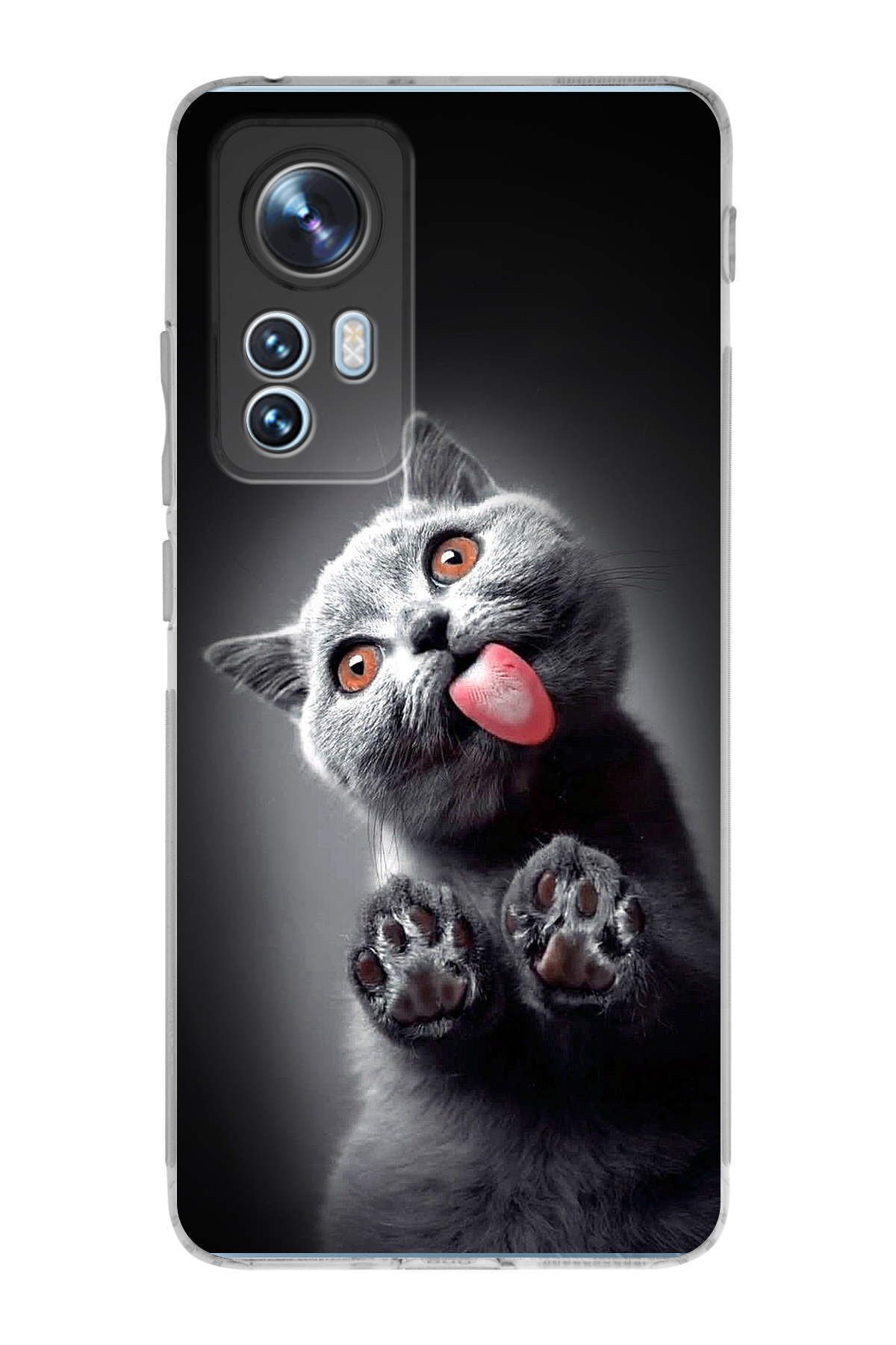 Xiaomi Mi 12 ile Uyumlu 1mm Slim Fit Kedi 2 050c Baskılı Şeffaf Kılıf
