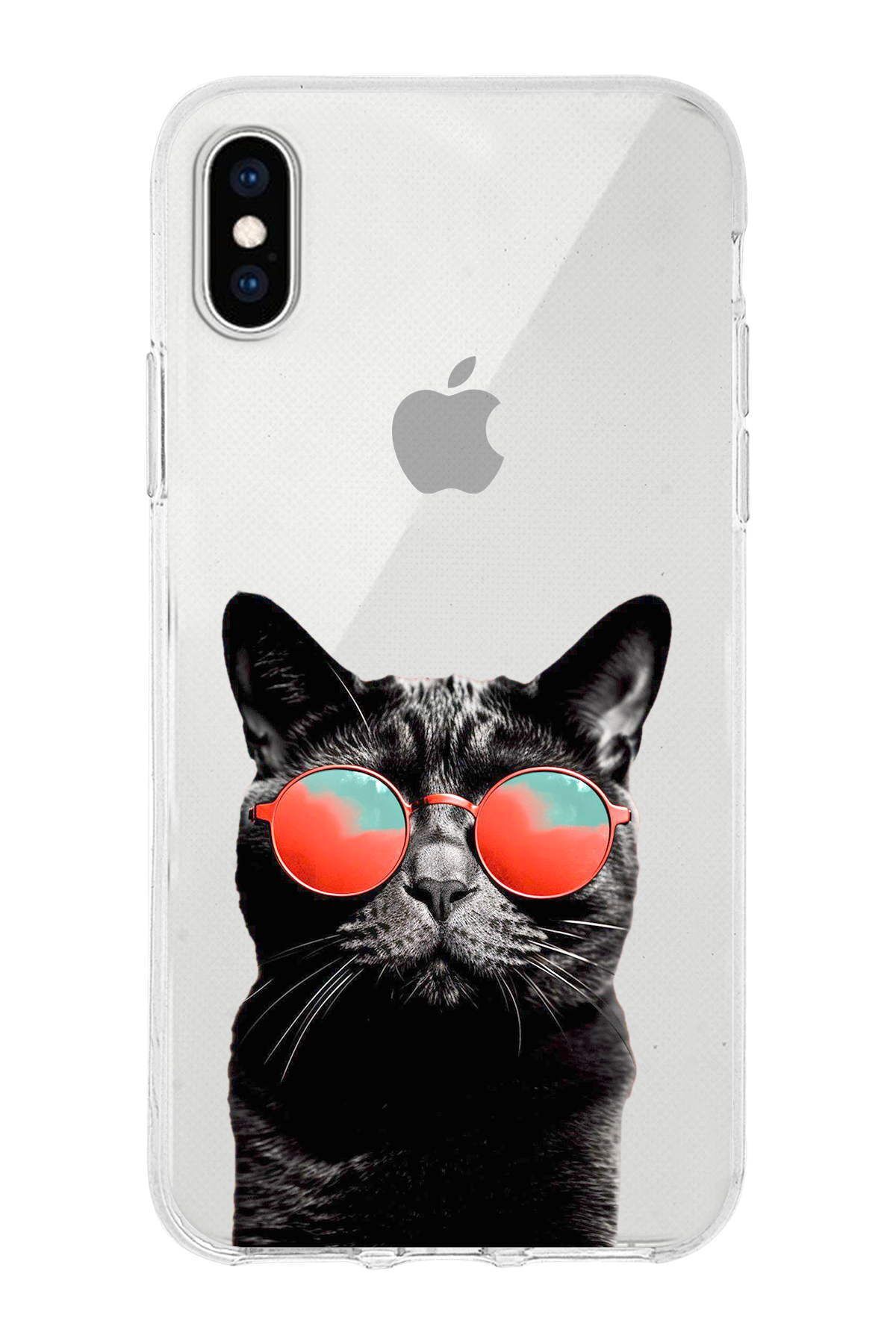 PrintiFy Apple iPhone X ile Uyumlu 1mm Slim Fit Kedi 3 050d Baskılı Şeffaf Kılıf