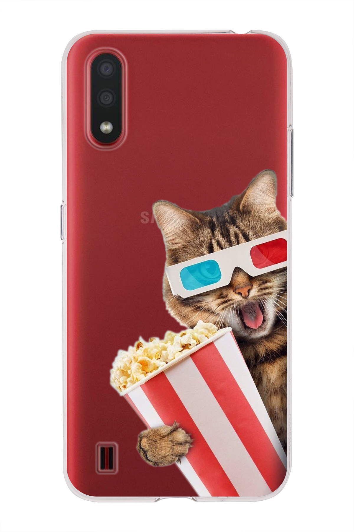 Samsung Galaxy A01 ile Uyumlu 1mm Slim Fit Kedi 1 050b Baskılı Şeffaf Kılıf