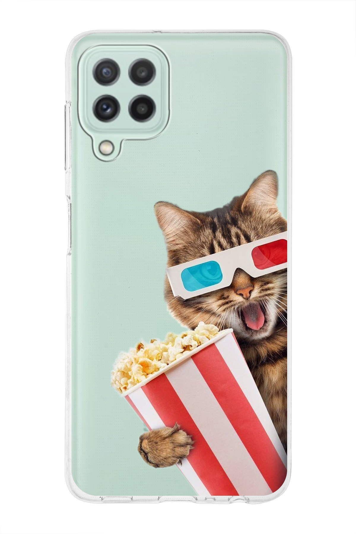 Samsung Galaxy M22 ile Uyumlu 1mm Slim Fit Kedi 1 050b Baskılı Şeffaf Kılıf