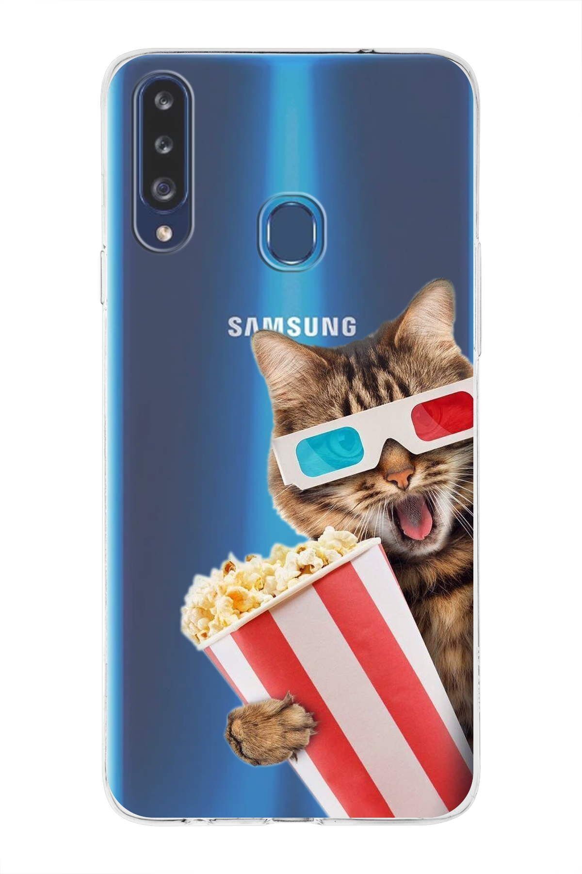 Samsung Galaxy A20s ile Uyumlu 1mm Slim Fit Kedi 1 050b Baskılı Şeffaf Kılıf