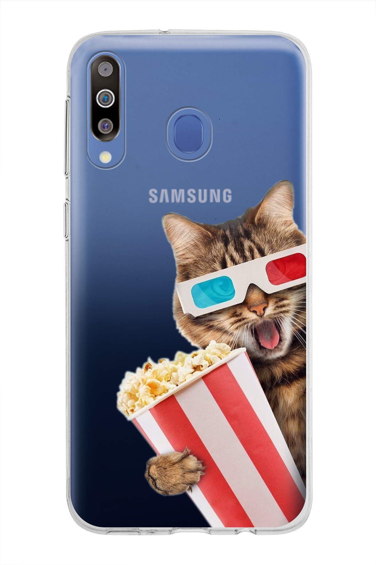 Samsung Galaxy M30 ile Uyumlu 1mm Slim Fit Kedi 1 050b Baskılı Şeffaf Kılıf