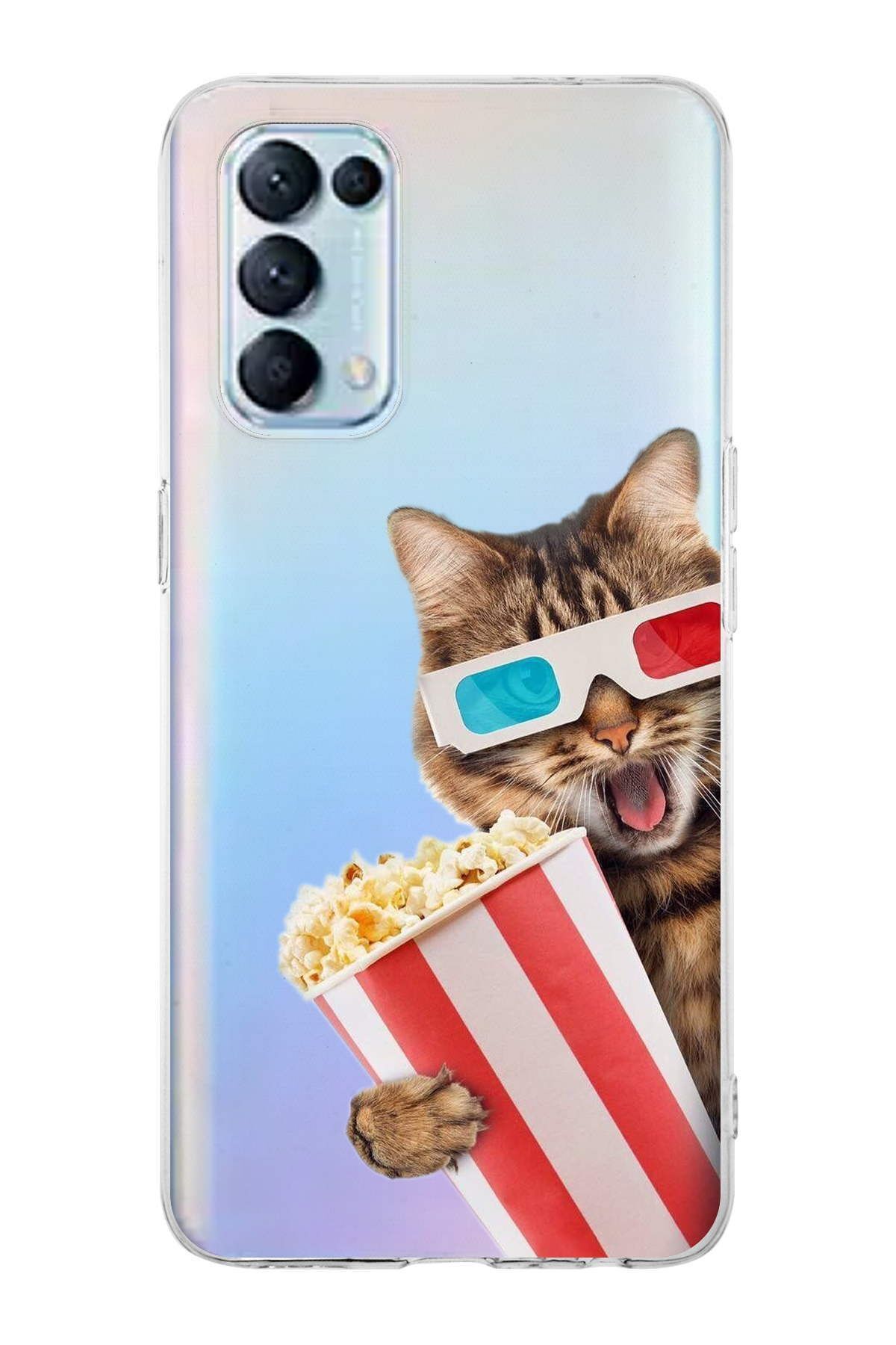 Oppo Reno 5 ile Uyumlu 1mm Slim Fit Kedi 1 050b Baskılı Şeffaf Kılıf
