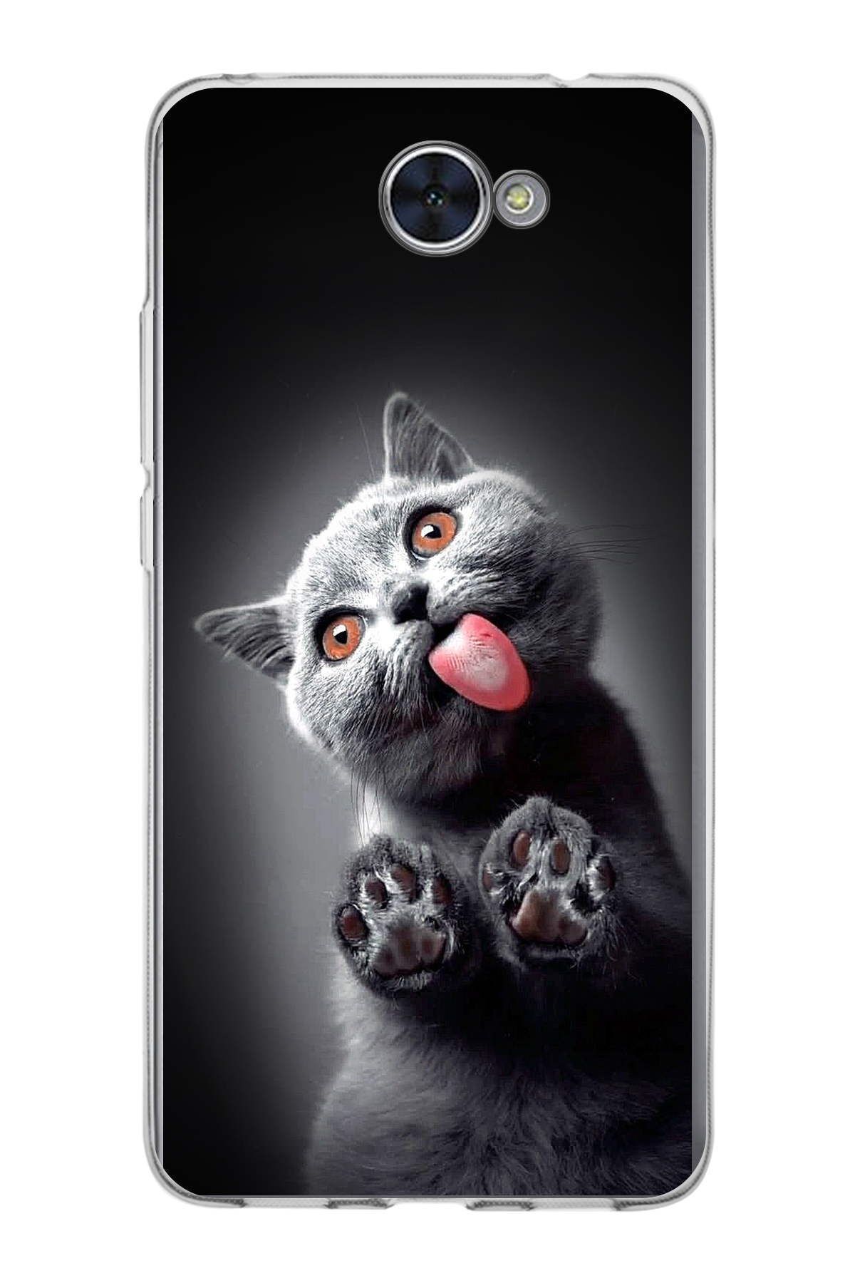 Huawei Y7 ile Uyumlu 1mm Slim Fit Kedi 2 050c Baskılı Şeffaf Kılıf