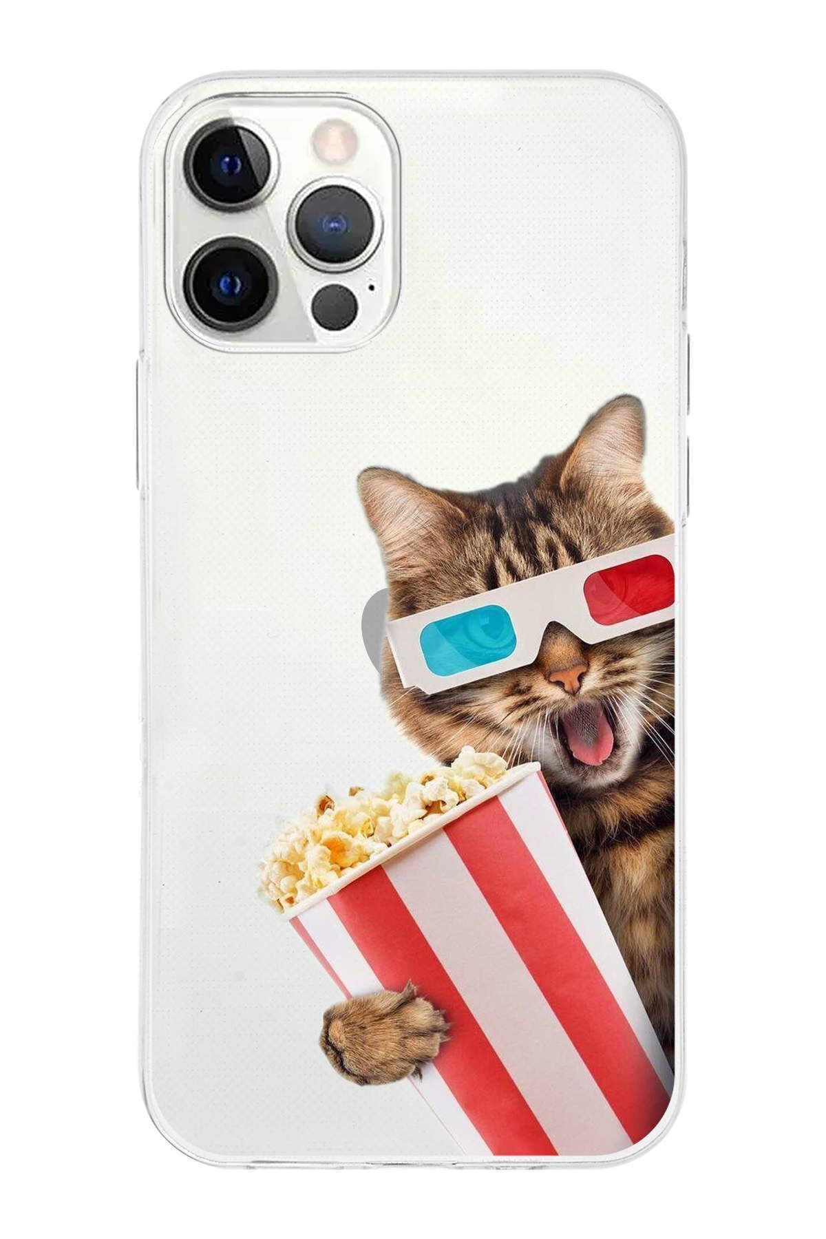 PrintiFy Apple iPhone 12 Pro ile Uyumlu 1mm Slim Fit Kedi 1 050b Baskılı Şeffaf Kılıf