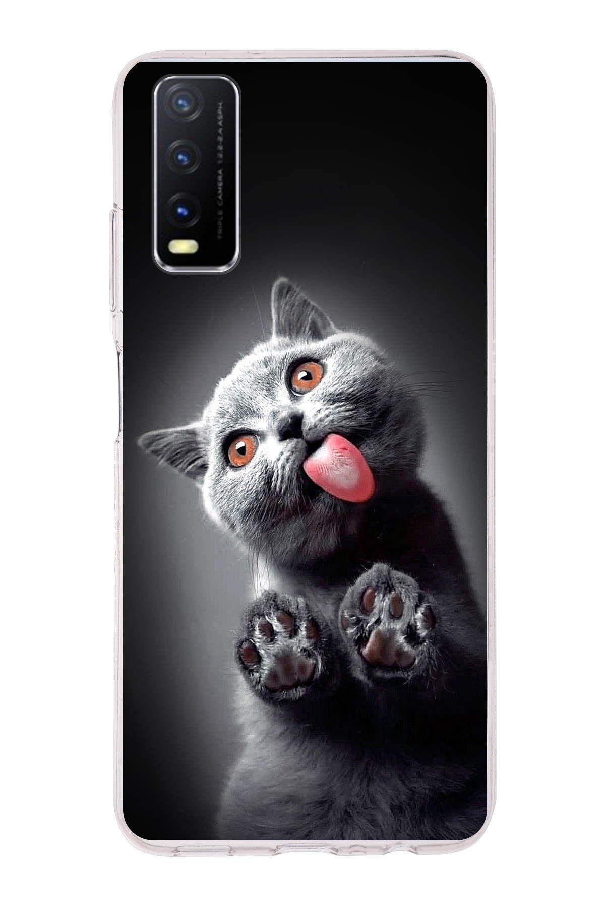 Vivo Y20s ile Uyumlu 1mm Slim Fit Kedi 2 050c Baskılı Şeffaf Kılıf