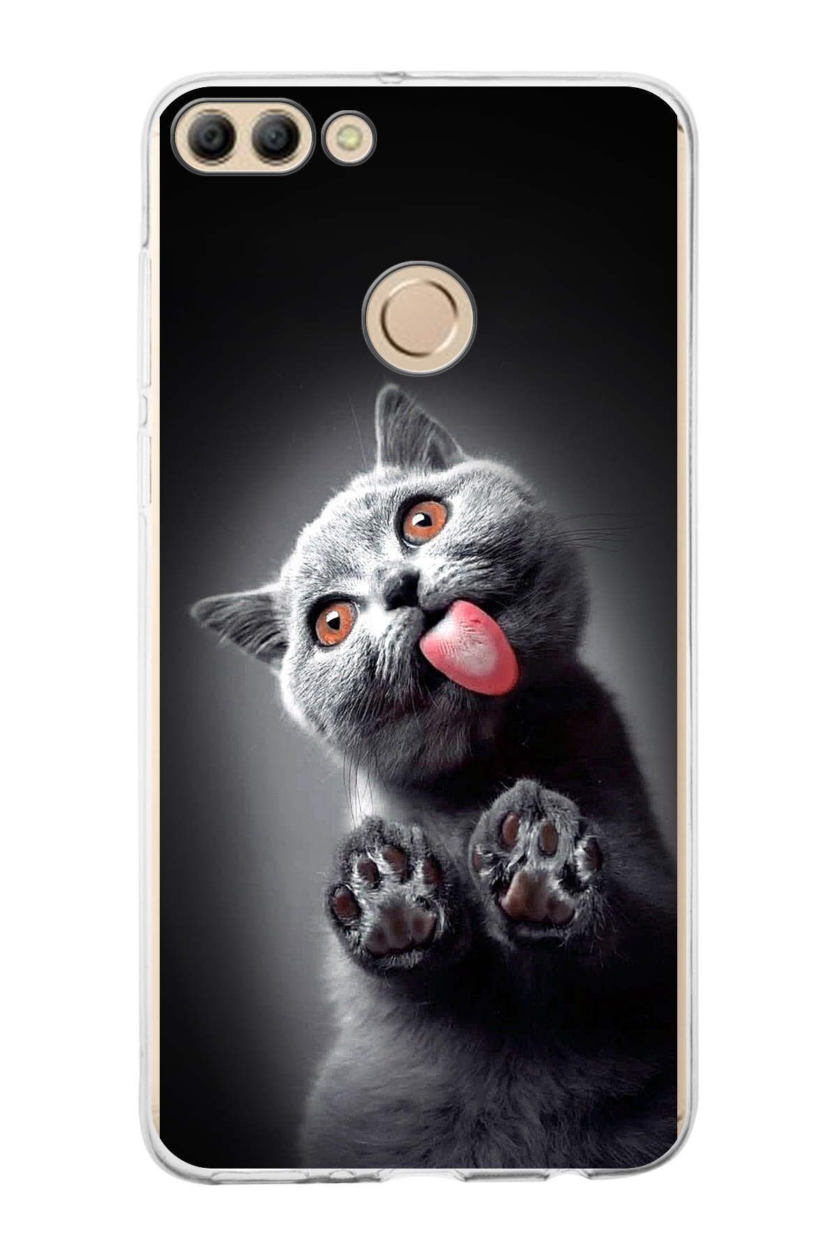 Huawei Y9 2018 ile Uyumlu 1mm Slim Fit Kedi 2 050c Baskılı Şeffaf Kılıf