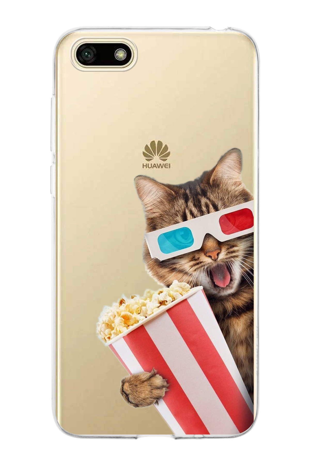 Huawei Y5 2018 ile Uyumlu 1mm Slim Fit Kedi 1 050b Baskılı Şeffaf Kılıf