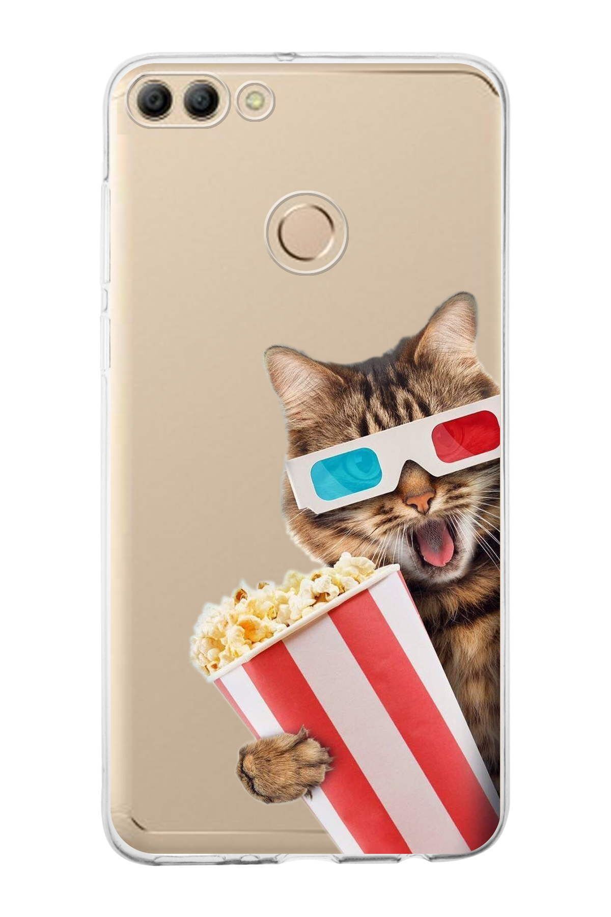 Huawei Y9 2018 ile Uyumlu 1mm Slim Fit Kedi 1 050b Baskılı Şeffaf Kılıf