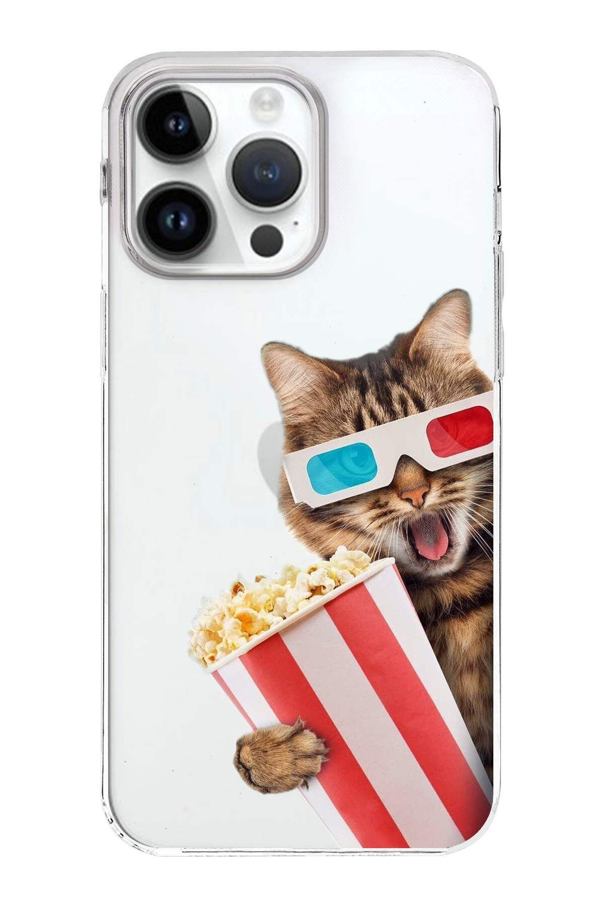 PrintiFy Apple iPhone 14 Pro Max ile Uyumlu 1mm Slim Fit Kedi 1 050b Baskılı Şeffaf Kılıf