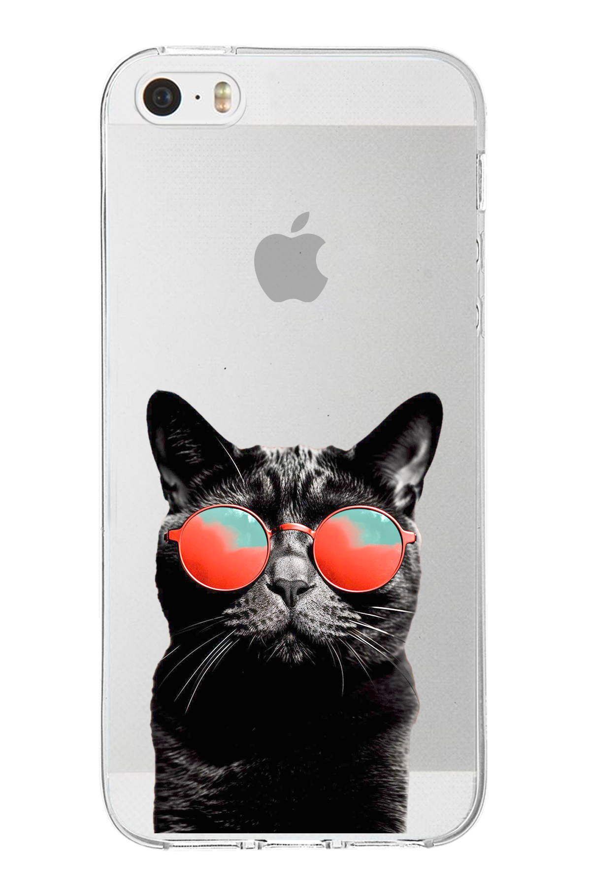 PrintiFy Apple iPhone 5 ile Uyumlu 1mm Slim Fit Kedi 3 050d Baskılı Şeffaf Kılıf