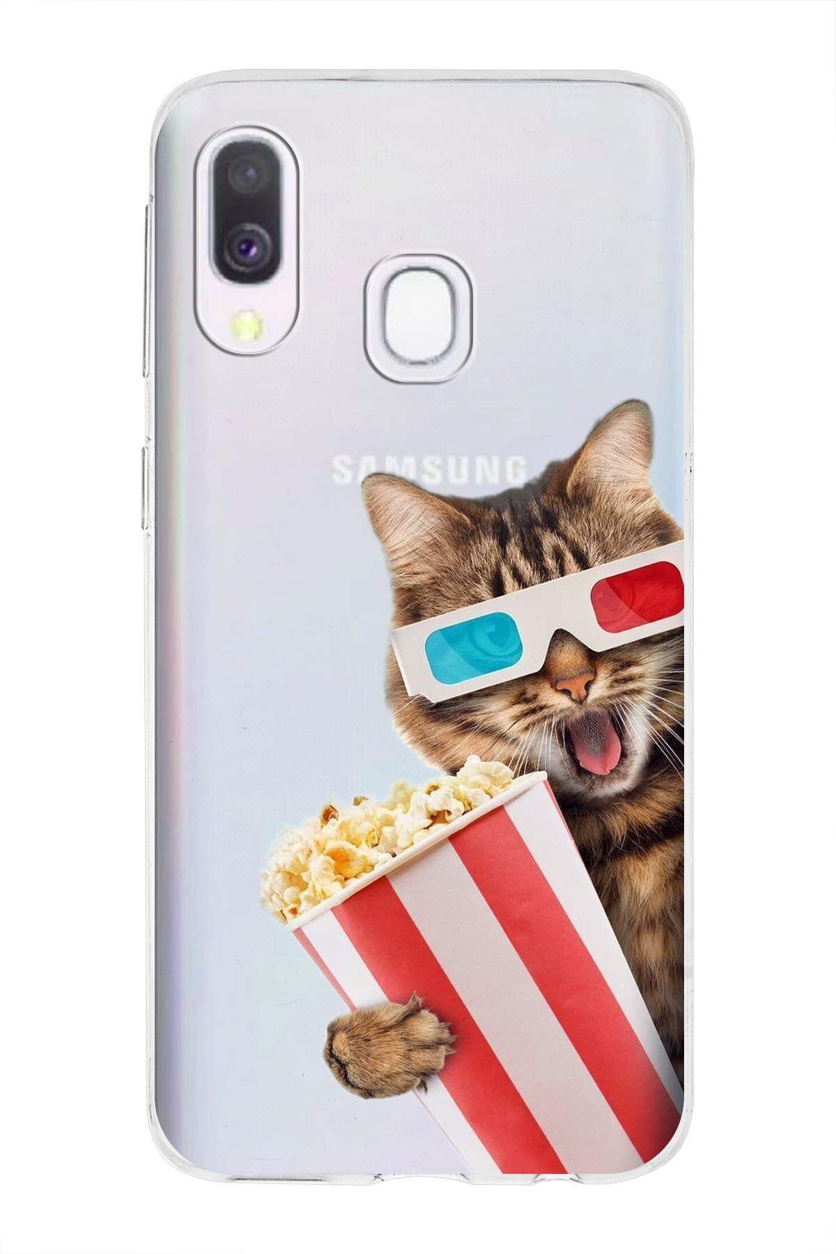 Samsung Galaxy A40 ile Uyumlu 1mm Slim Fit Kedi 1 050b Baskılı Şeffaf Kılıf
