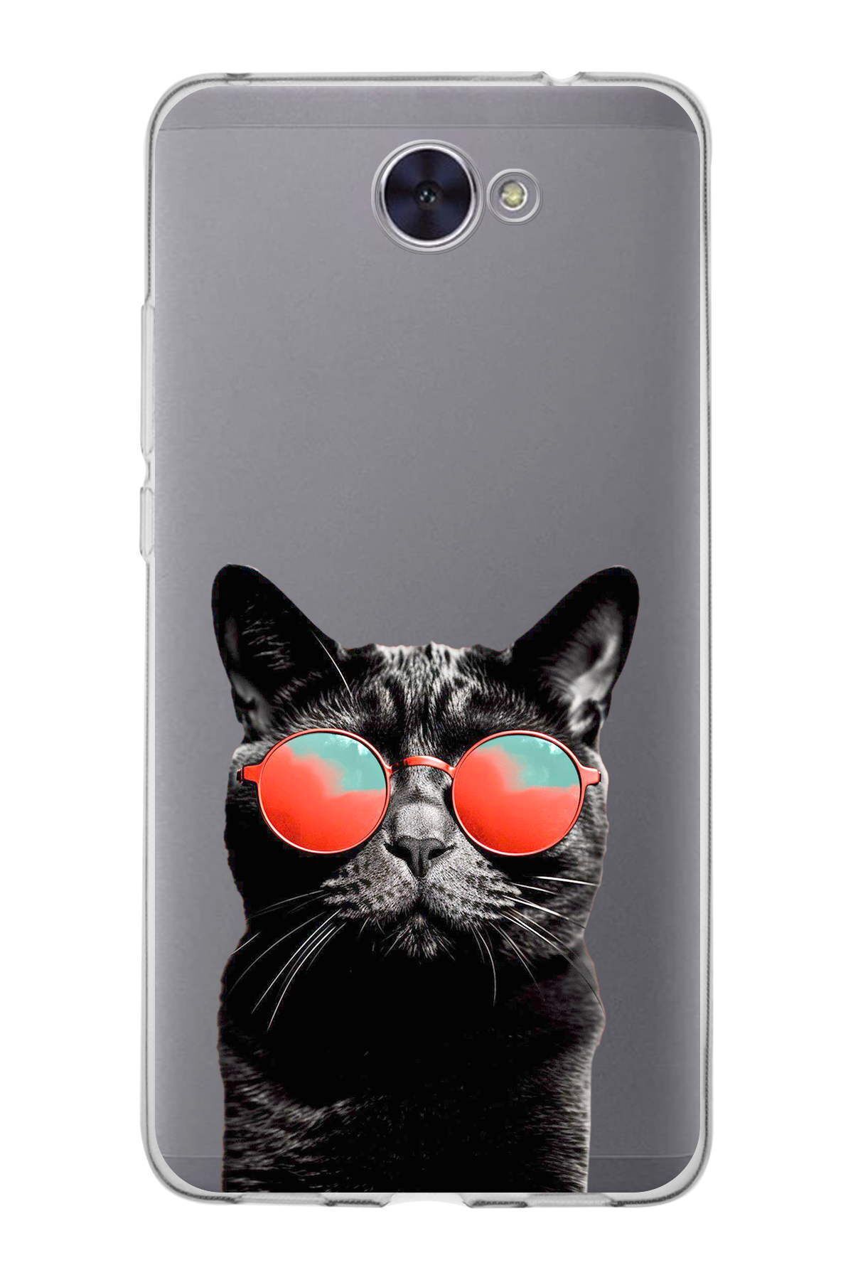 Huawei Y7 2017 ile Uyumlu 1mm Slim Fit Kedi 3 050d Baskılı Şeffaf Kılıf