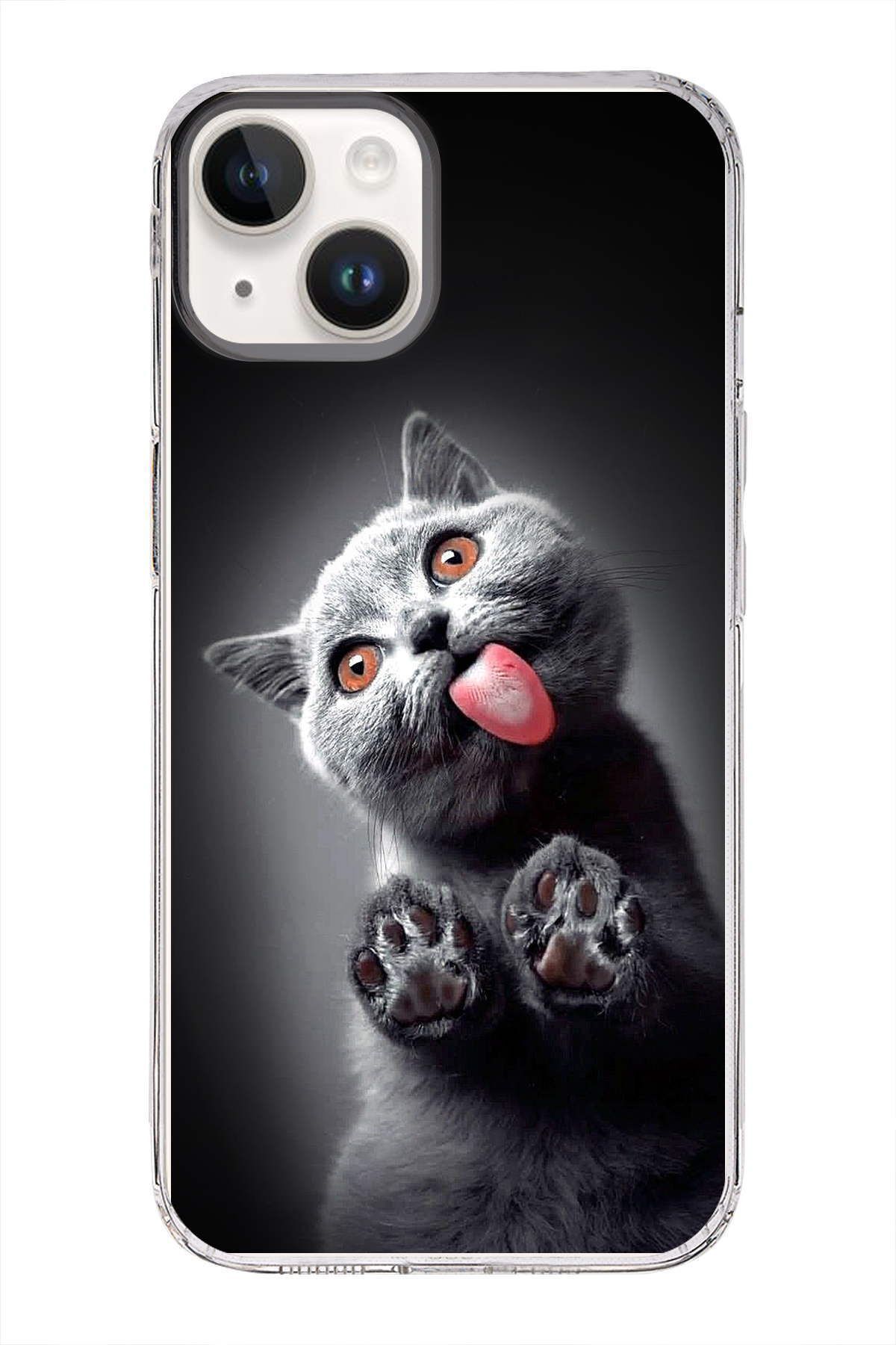 PrintiFy Apple iPhone 14 Plus ile Uyumlu 1mm Slim Fit Kedi 2 050c Baskılı Şeffaf Kılıf