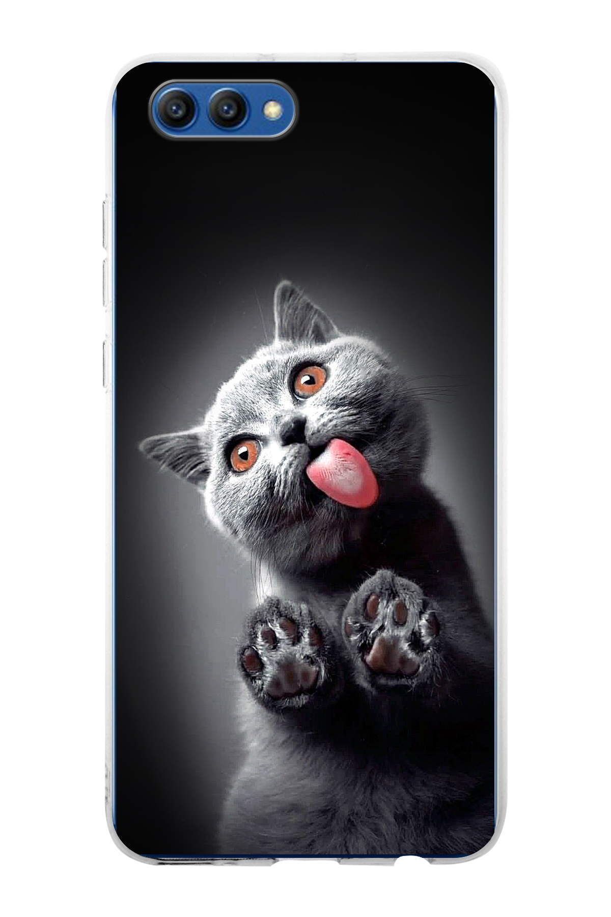 Huawei Honor View 10 ile Uyumlu 1mm Slim Fit Kedi 2 050c Baskılı Şeffaf Kılıf