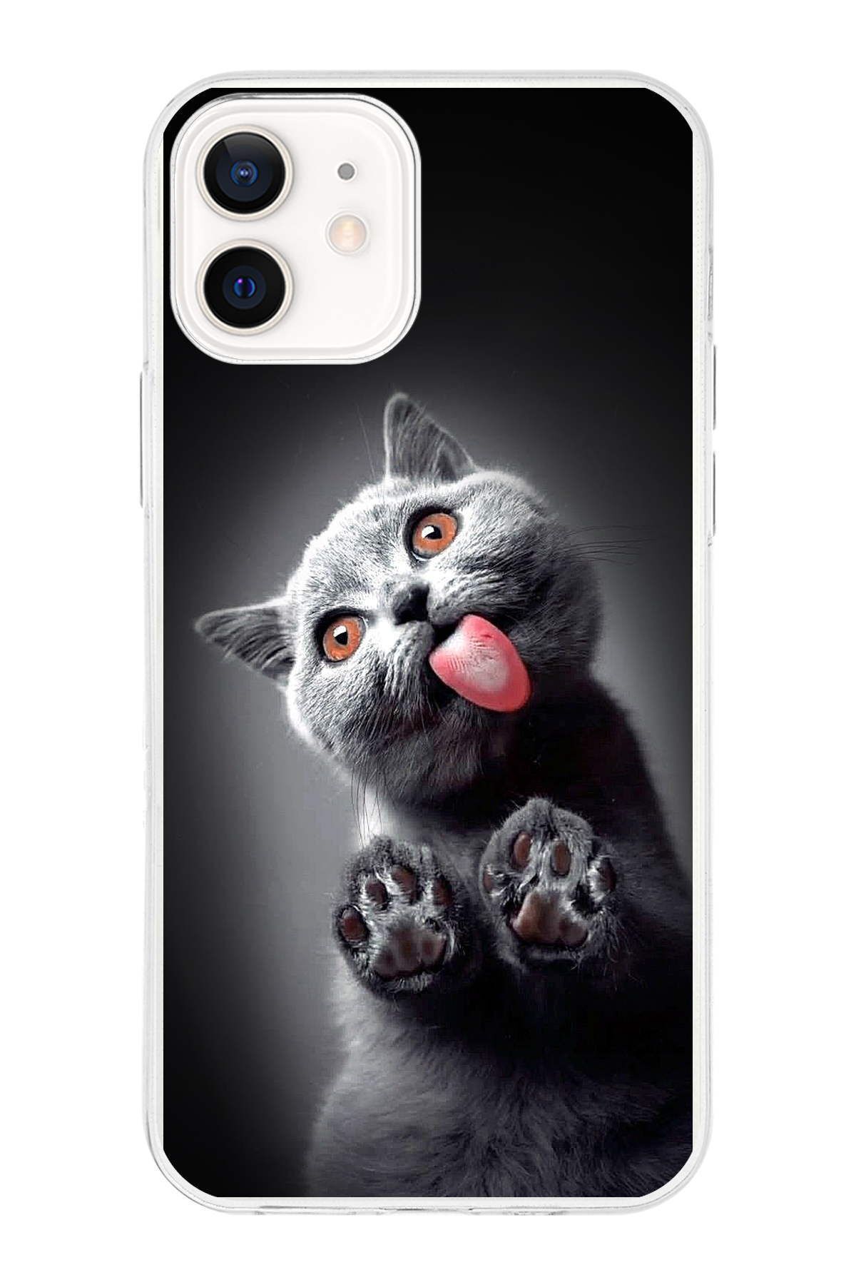 PrintiFy Apple iPhone 12 Mini ile Uyumlu 1mm Slim Fit Kedi 2 050c Baskılı Şeffaf Kılıf