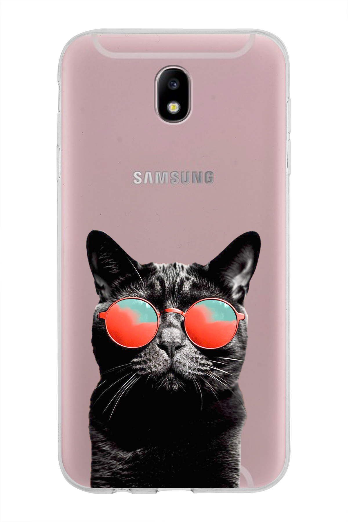 Samsung Galaxy J7 Pro ile Uyumlu 1mm Slim Fit Kedi 3 050d Baskılı Şeffaf Kılıf