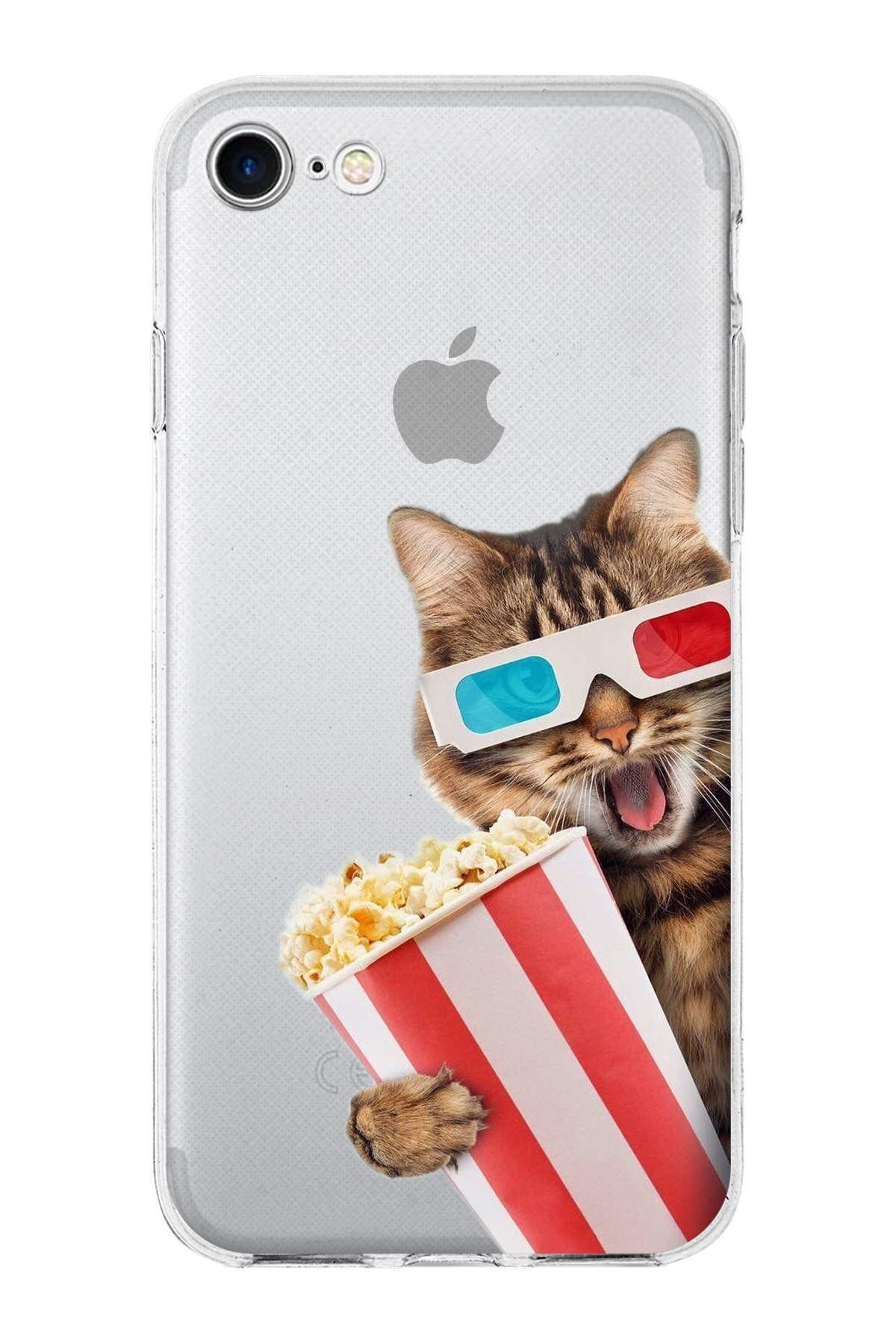 PrintiFy Apple iPhone SE 3 2022 ile Uyumlu 1mm Slim Fit Kedi 1 050b Baskılı Şeffaf Kılıf