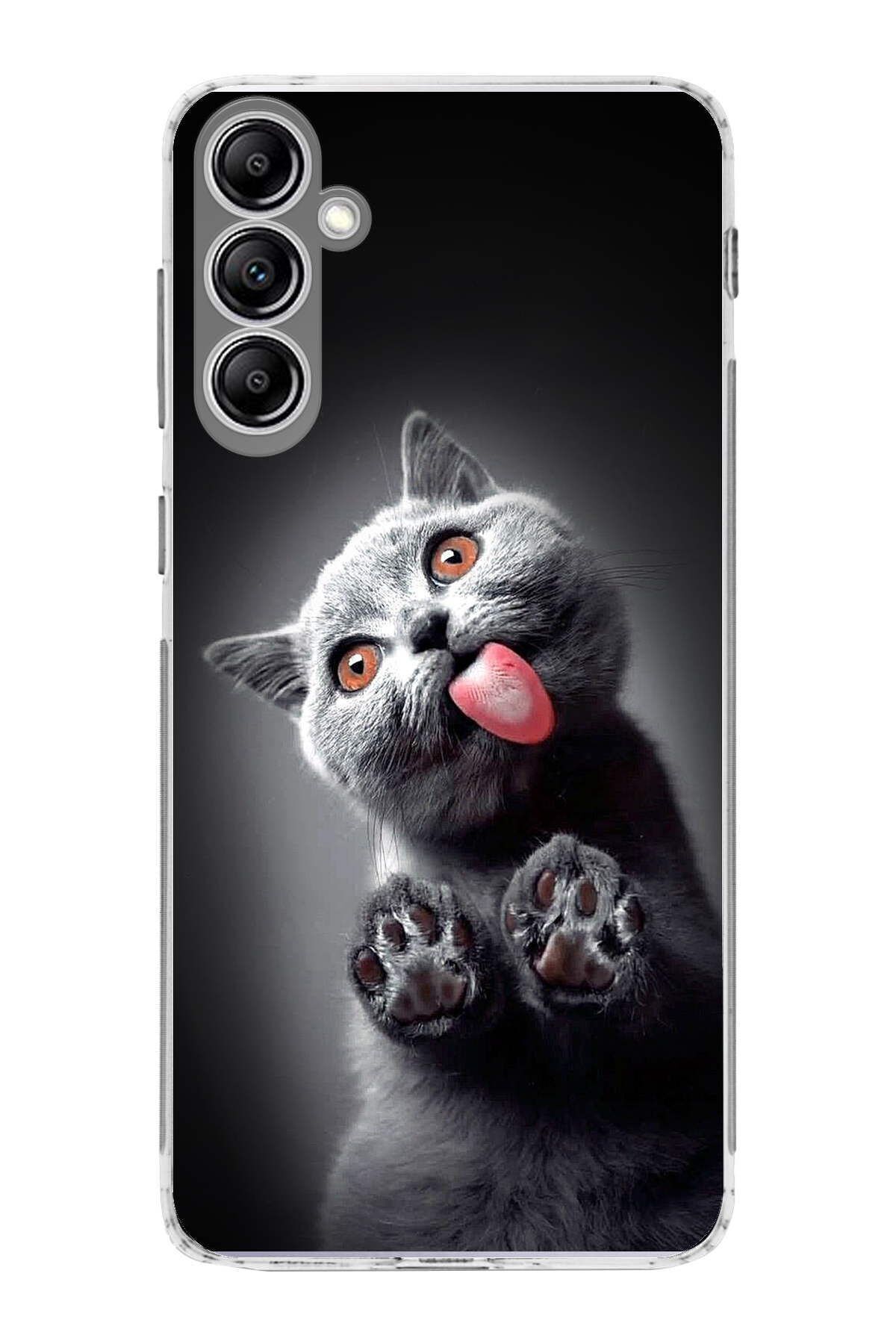 Samsung Galaxy A14 ile Uyumlu 1mm Slim Fit Kedi 2 050c Baskılı Şeffaf Kılıf