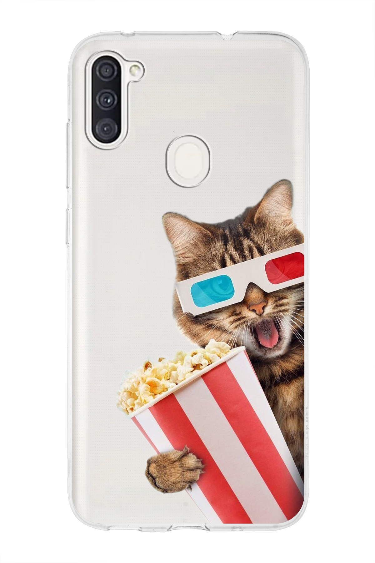 Samsung Galaxy A11 ile Uyumlu 1mm Slim Fit Kedi 1 050b Baskılı Şeffaf Kılıf