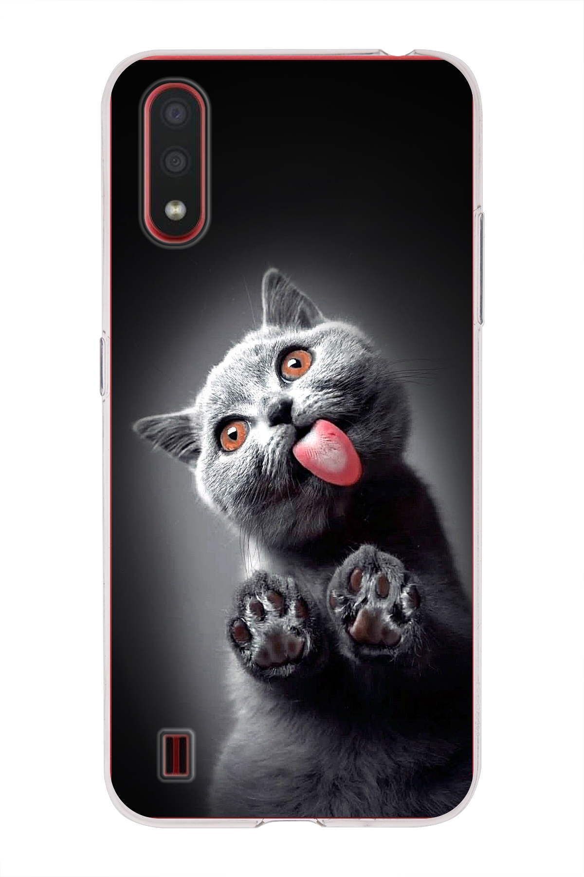 Samsung Galaxy A01 ile Uyumlu 1mm Slim Fit Kedi 2 050c Baskılı Şeffaf Kılıf
