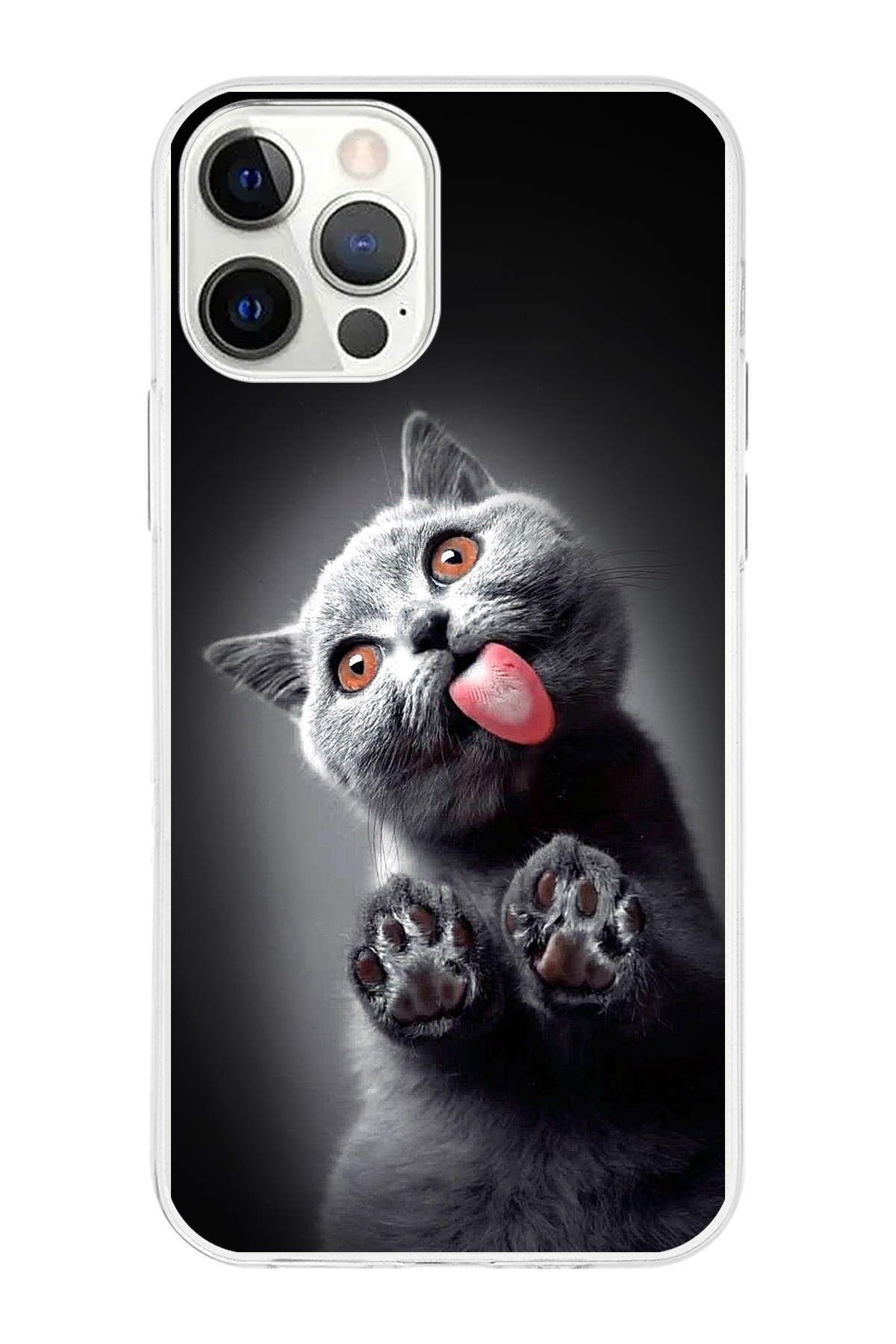 PrintiFy Apple iPhone 12 Pro ile Uyumlu 1mm Slim Fit Kedi 2 050c Baskılı Şeffaf Kılıf