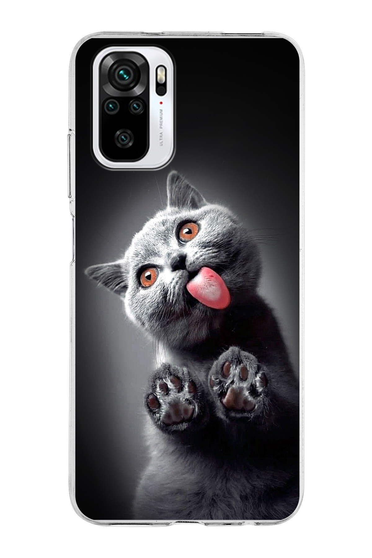 Xiaomi Redmi Note 10s ile Uyumlu 1mm Slim Fit Kedi 2 050c Baskılı Şeffaf Kılıf