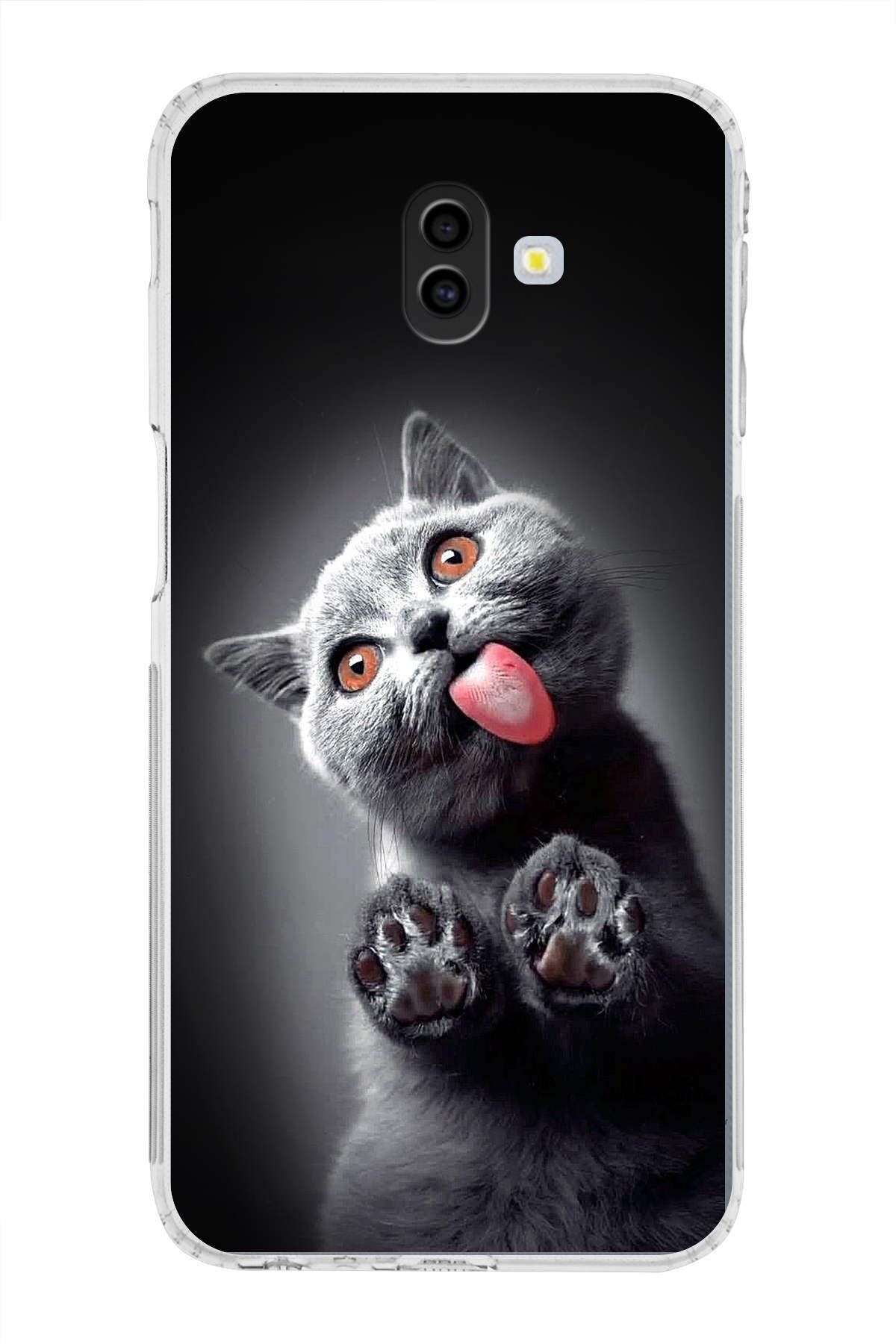 Samsung Galaxy J6 Plus 2018 ile Uyumlu 1mm Slim Fit Kedi 2 050c Baskılı Şeffaf Kılıf
